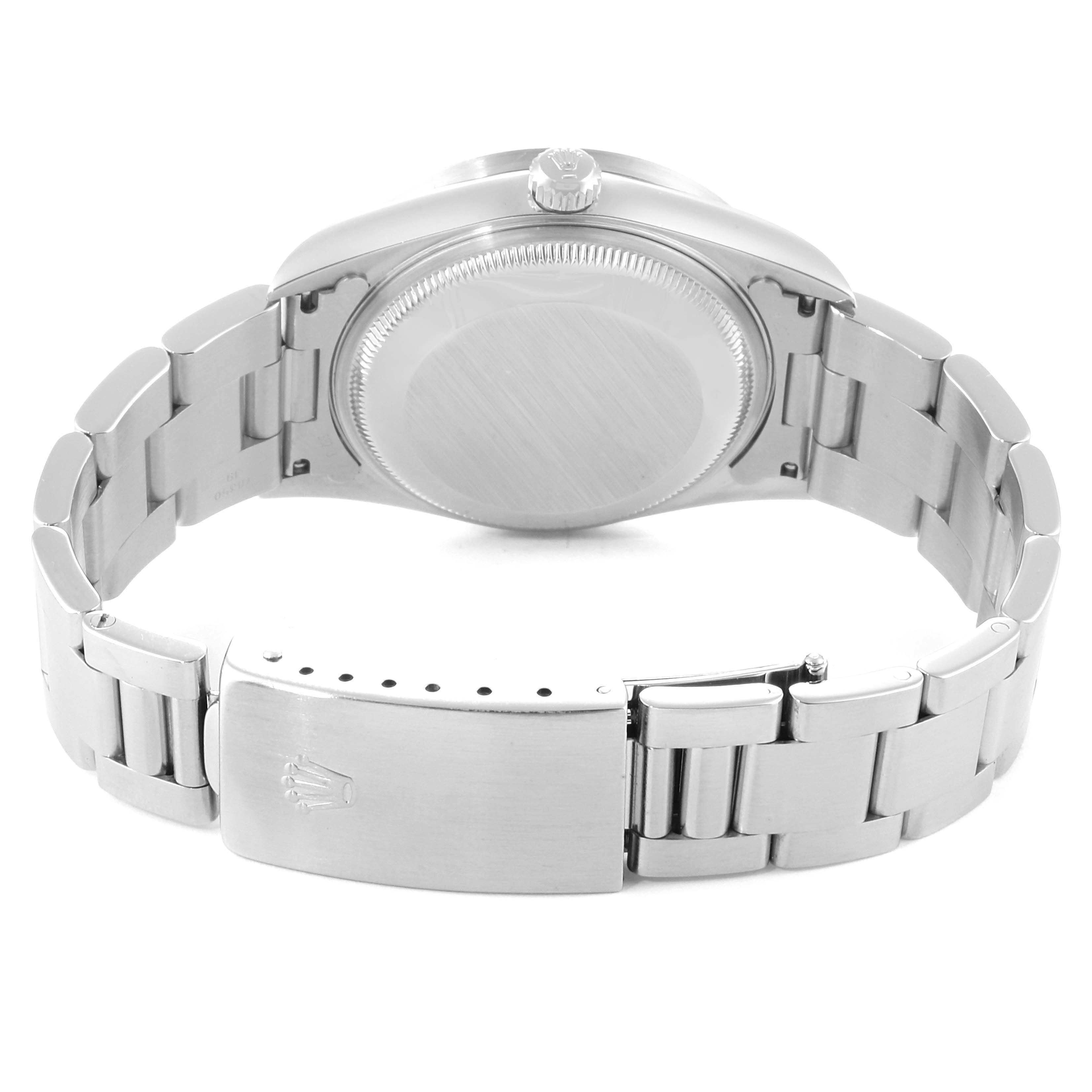 This image shows the back and clasp of a Rolex Date 15210 Men's Stainless Steel Silver Dial 15210 Men's Stainless Steel Silver Dial model watch from a rear perspective.