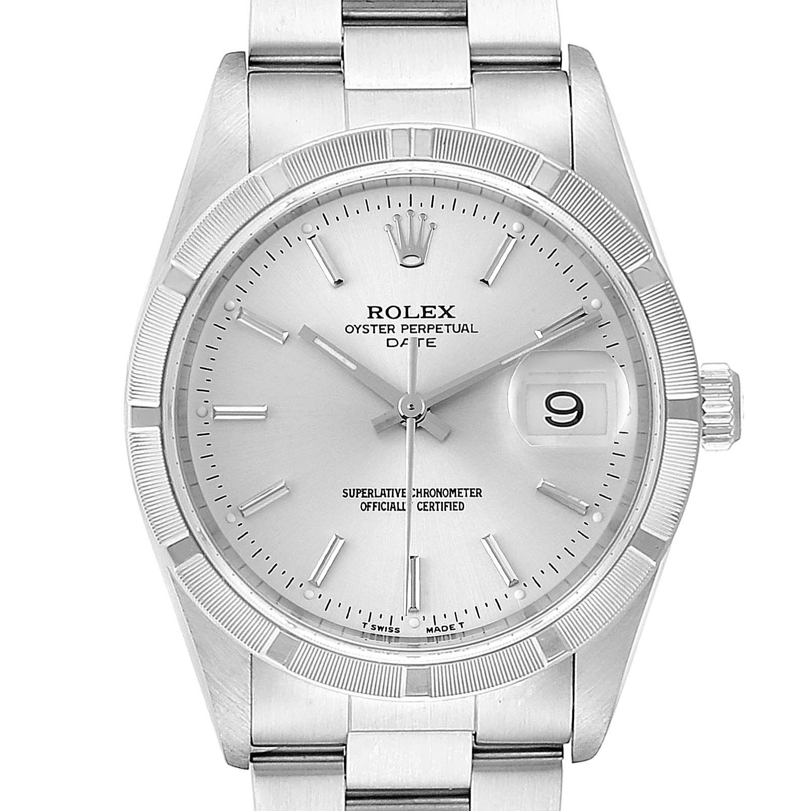 This Rolex Date 15210 Men's Stainless Steel Silver Dial 15210 Men's Stainless Steel Silver Dial model watch is shown from a front view, displaying the dial, bezel, hands, crown, and part of the bracelet.