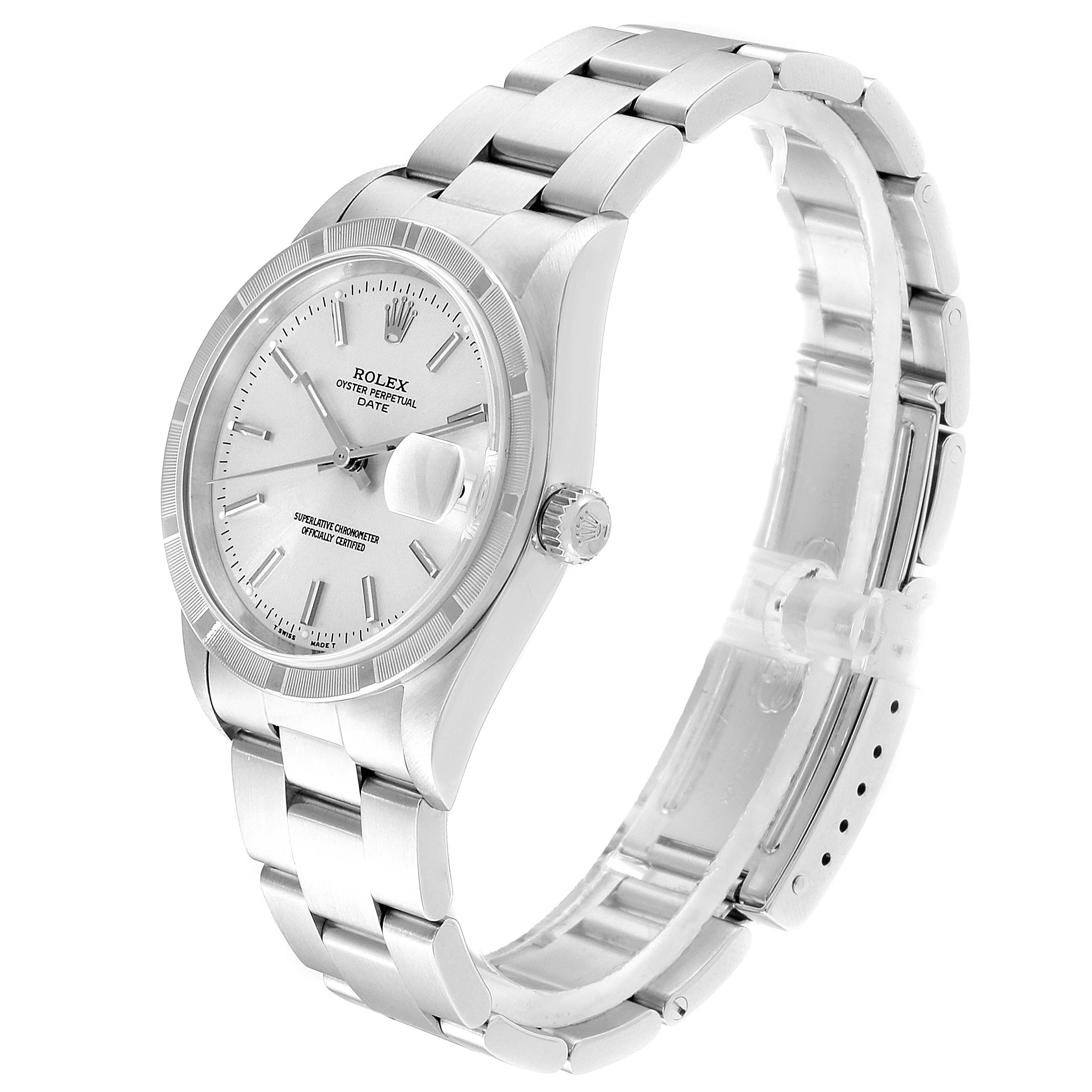 The image shows a Rolex Date 15210 Men's Stainless Steel Silver Dial 15210 Men's Stainless Steel Silver Dial model watch at a three-quarter angle, displaying the dial, bezel, crown, and bracelet.
