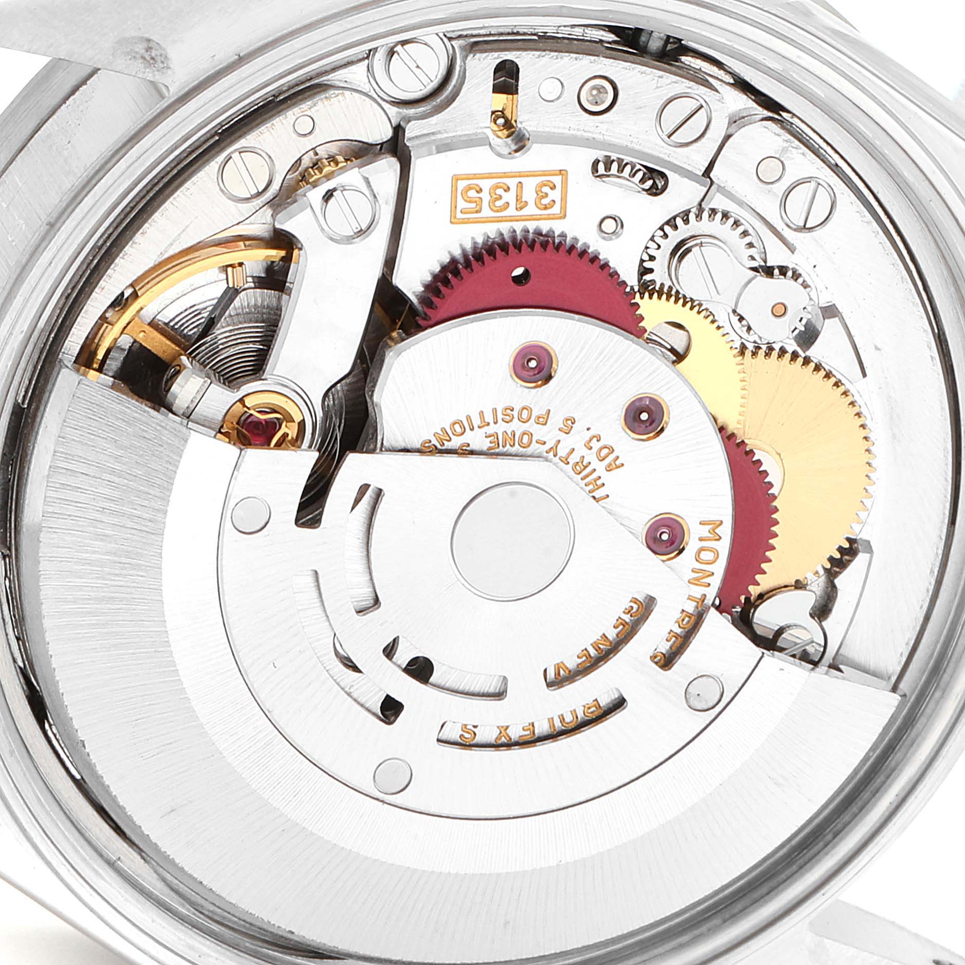 This image shows the internal mechanism and intricate components of a Rolex Date 15210 Men's Stainless Steel Silver Dial 15210 Men's Stainless Steel Silver Dial model watch from a top-down angle.