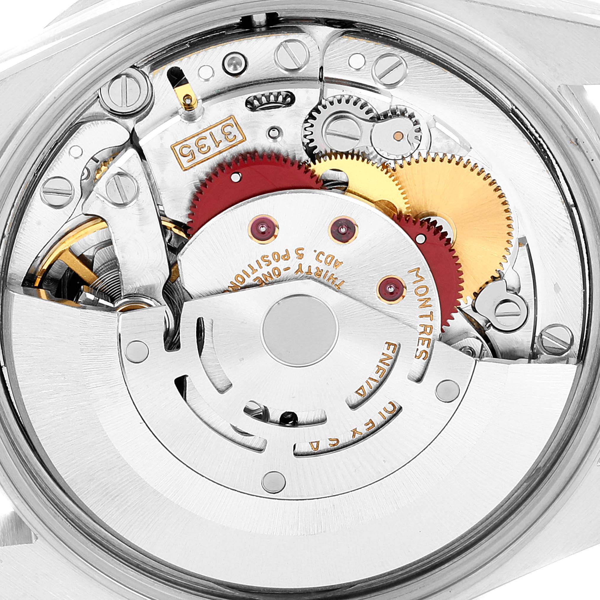 This is a close-up view of the movement mechanism of a Rolex Date 15210 Men's Stainless Steel Silver Dial 15210 Men's Stainless Steel Silver Dial model watch.