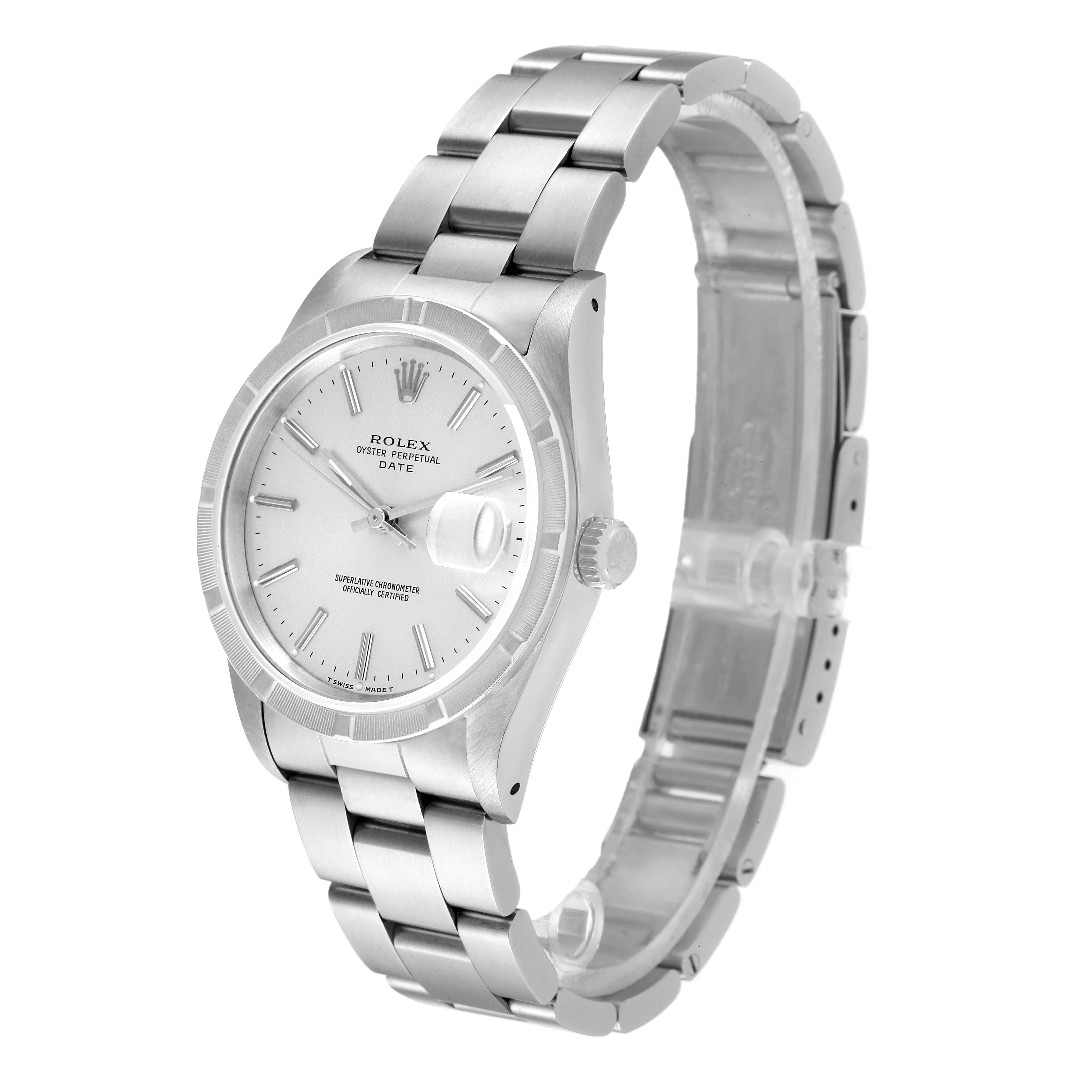 This image shows a Rolex Date 15210 Men's Stainless Steel Silver Dial 15210 Men's Stainless Steel Silver Dial model watch angled to display the face, bezel, crown, and partial bracelet.