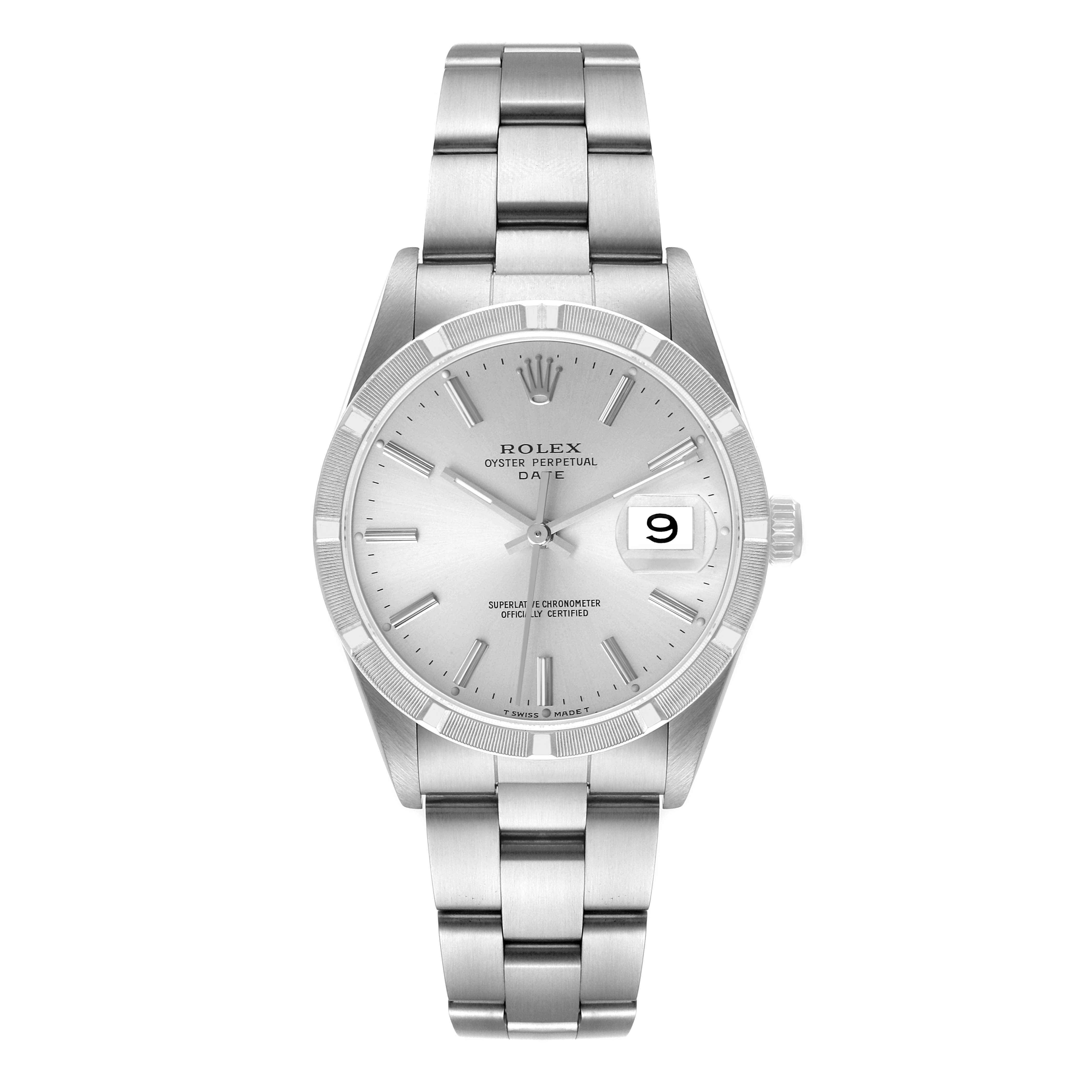 This image shows a front view of a Rolex Date 15210 Men's Stainless Steel Silver Dial 15210 Men's Stainless Steel Silver Dial model watch, displaying the dial, bracelet, and bezel.