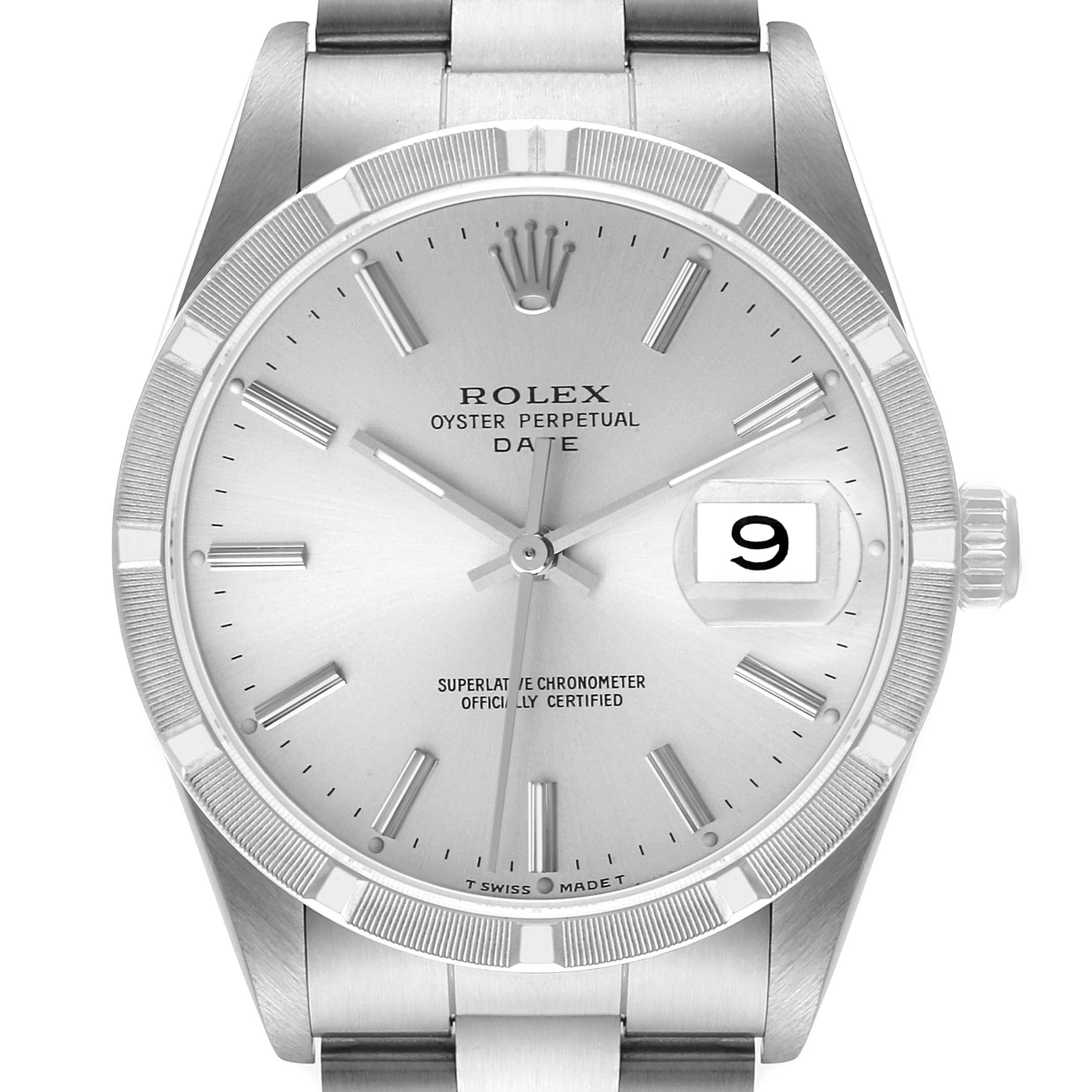 The image displays a front view of the Rolex Oyster Perpetual Date watch, showing the dial, hands, date window, and crown.