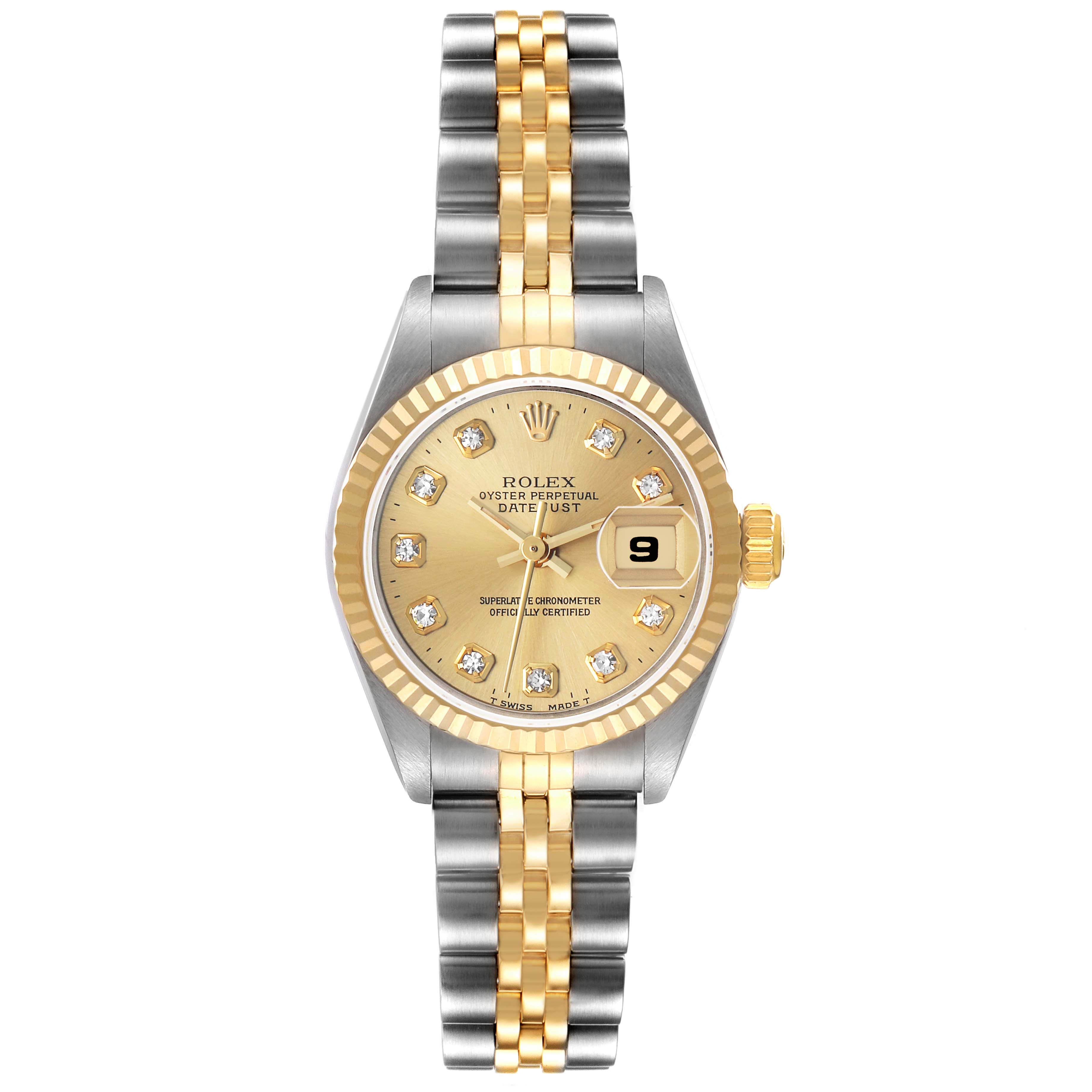 The Rolex Datejust 69173 Men's Steel and Gold (two tone) Champagne Dial watch is shown from a top-down angle, displaying the bezel, dial, and two-tone bracelet.