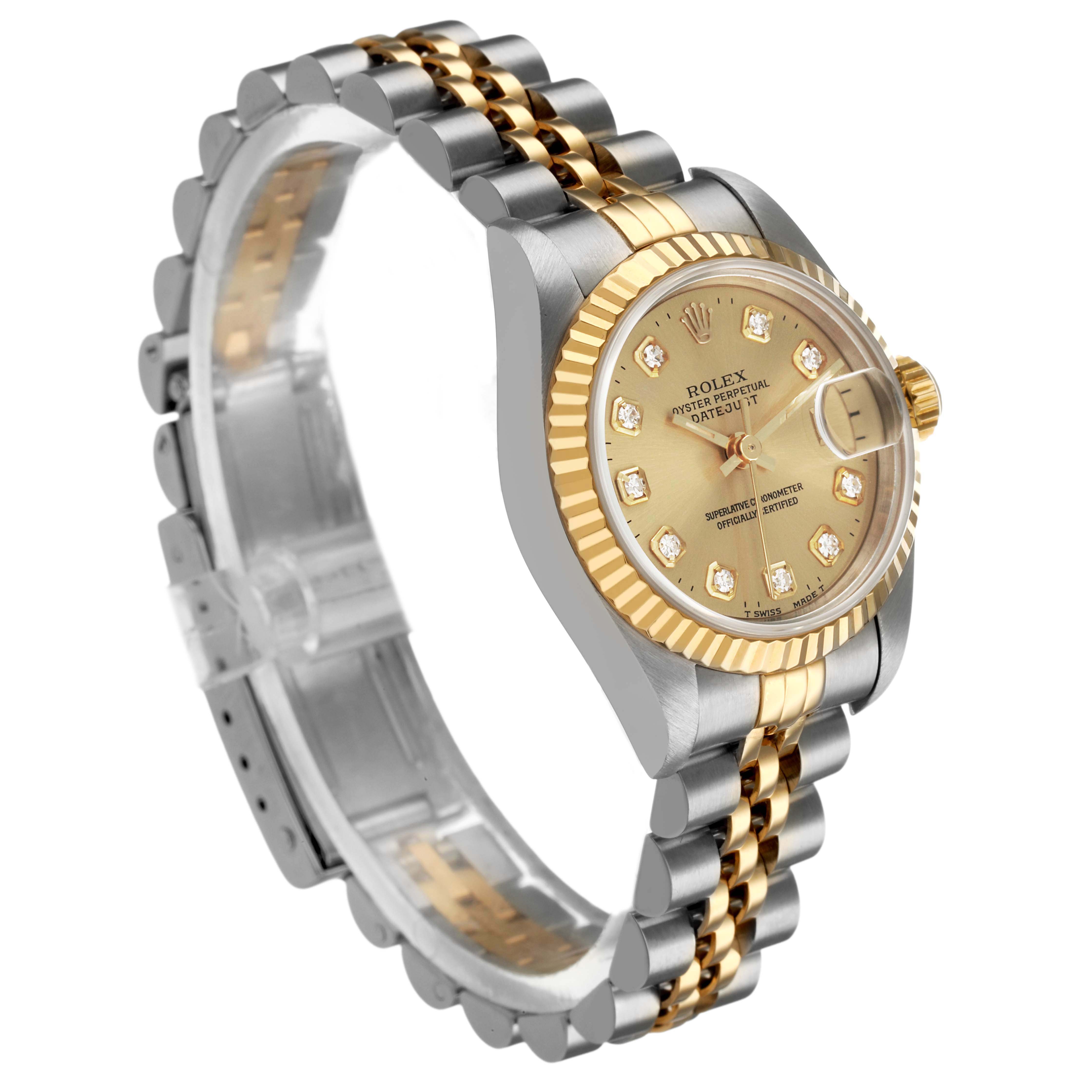 The Rolex Datejust 69173 Men's Steel and Gold (two tone) Champagne Dial watch is shown in a three-quarter view, highlighting the gold and silver bracelet, fluted bezel, and dial with diamond markers.