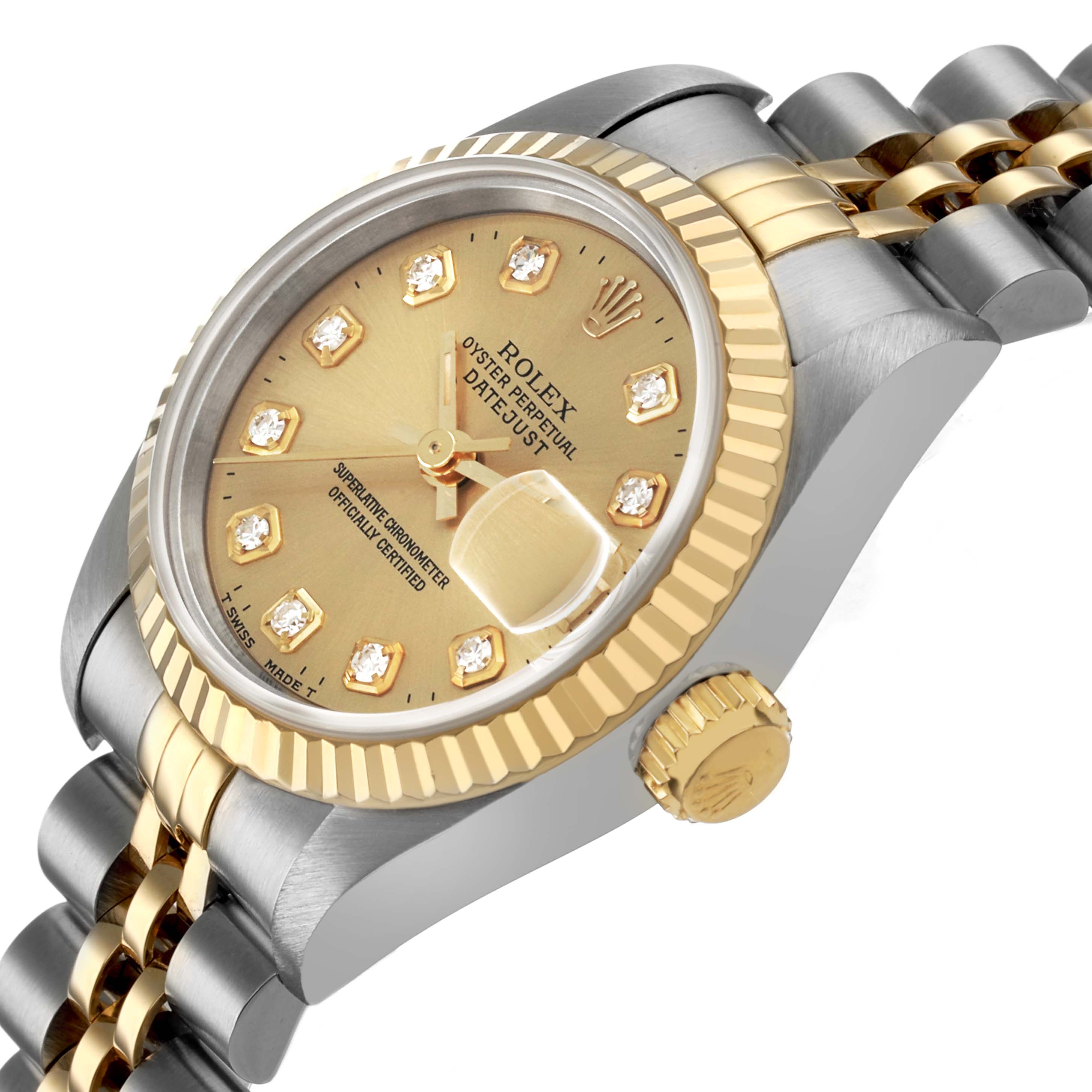 The Rolex Datejust 69173 Men's Steel and Gold (two tone) Champagne Dial watch is shown at a slight angle, highlighting the dial, bezel, crown, and part of the bracelet.