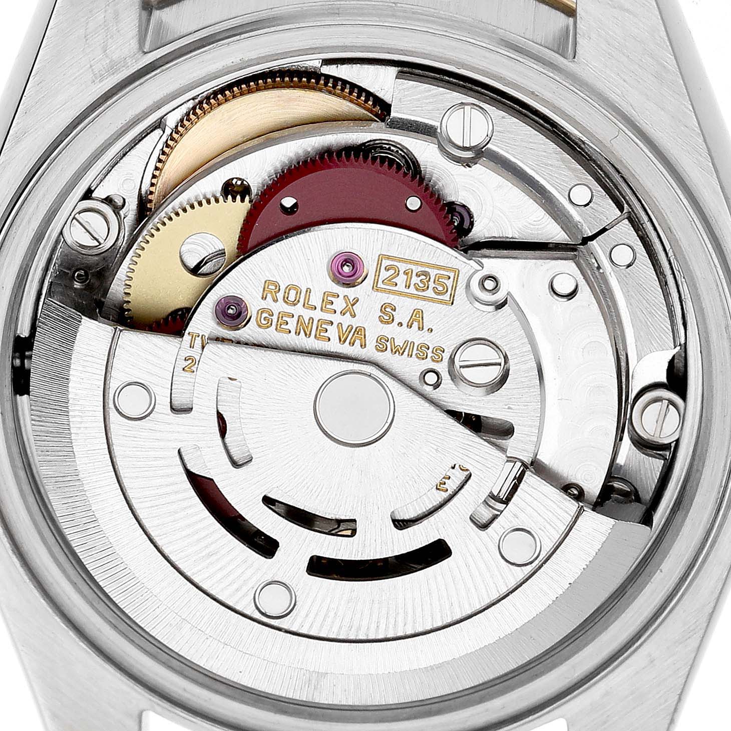 The image shows the inner movement mechanism of a Rolex Datejust 69173 Men's Steel and Gold (two tone) Champagne Dial watch from a top-down angle.