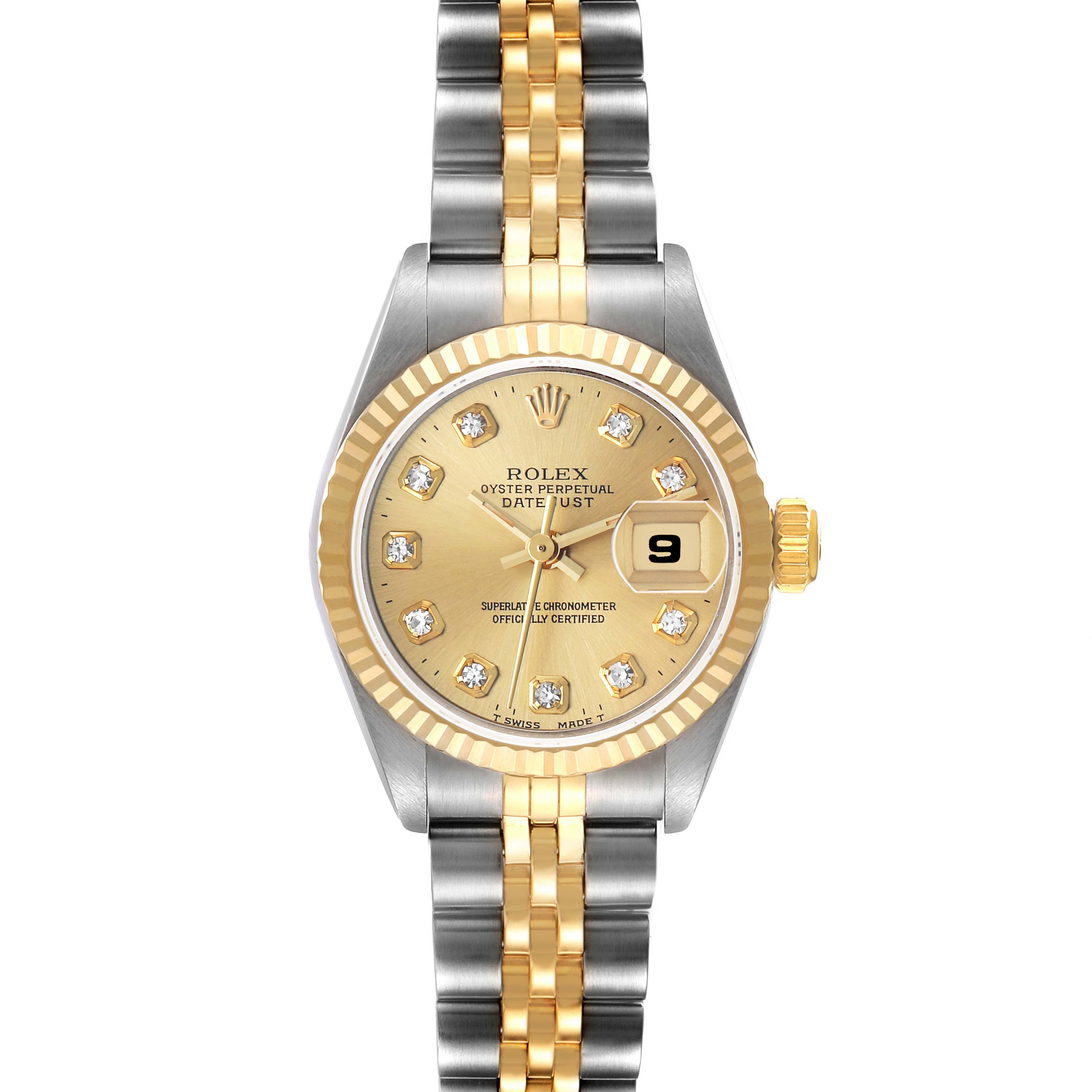 The Rolex Datejust 69173 Men's Steel and Gold (two tone) Champagne Dial watch is shown from a top view, highlighting its gold dial, diamond hour markers, fluted bezel, and two-tone bracelet.