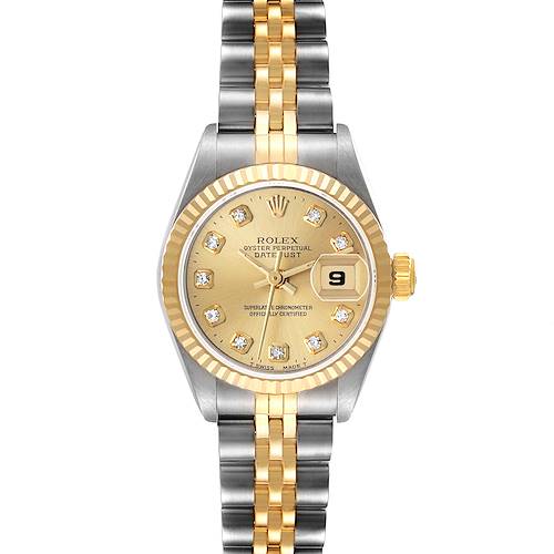 The Rolex Datejust 69173 Men's Steel and Gold (two tone) Champagne Dial watch is shown from a top-down angle, displaying the dial, bezel, and two-tone bracelet.