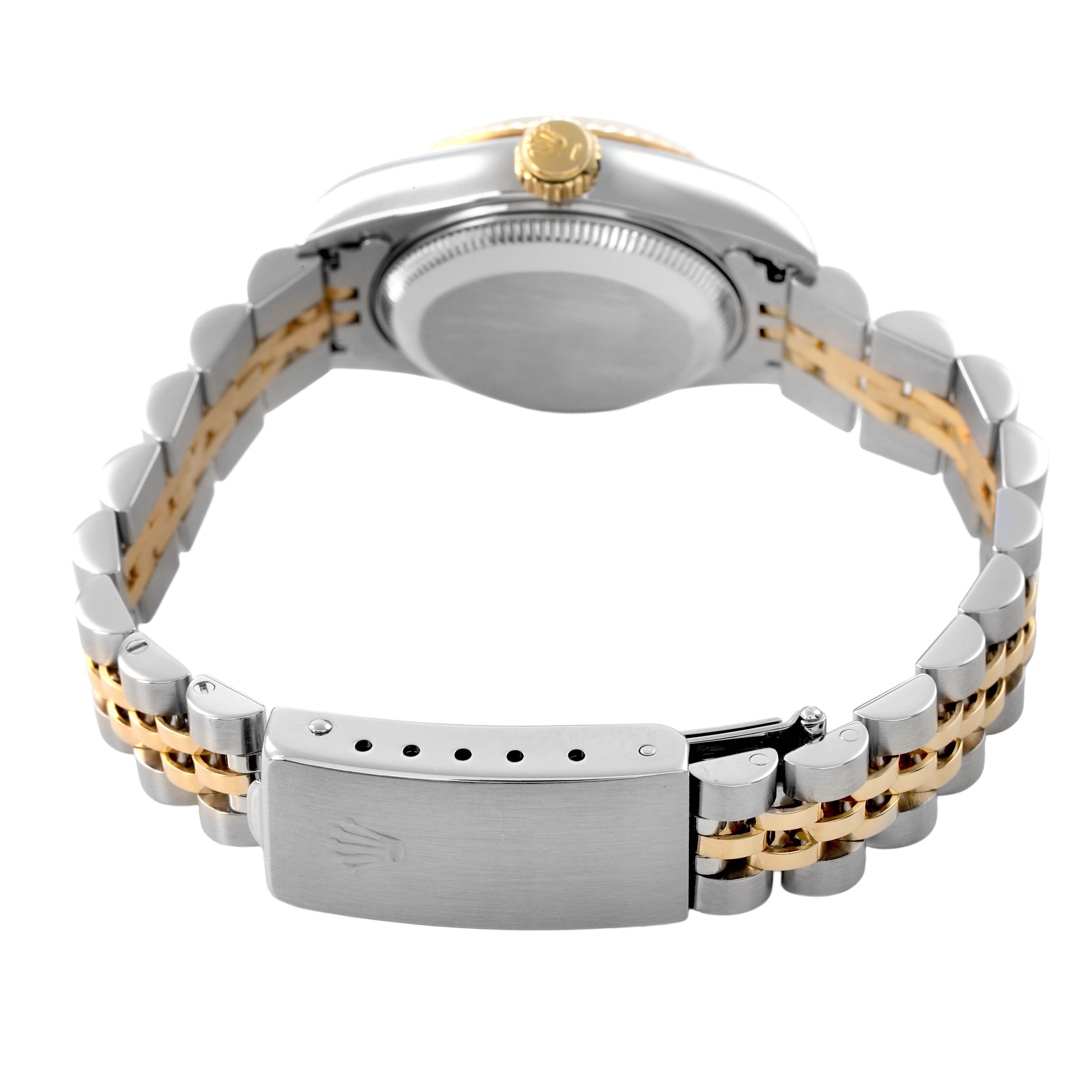 The image shows the back case and bracelet clasp of a Rolex Datejust 69173 Men's Steel and Gold (two tone) Champagne Dial watch, displaying the two-tone metal design.
