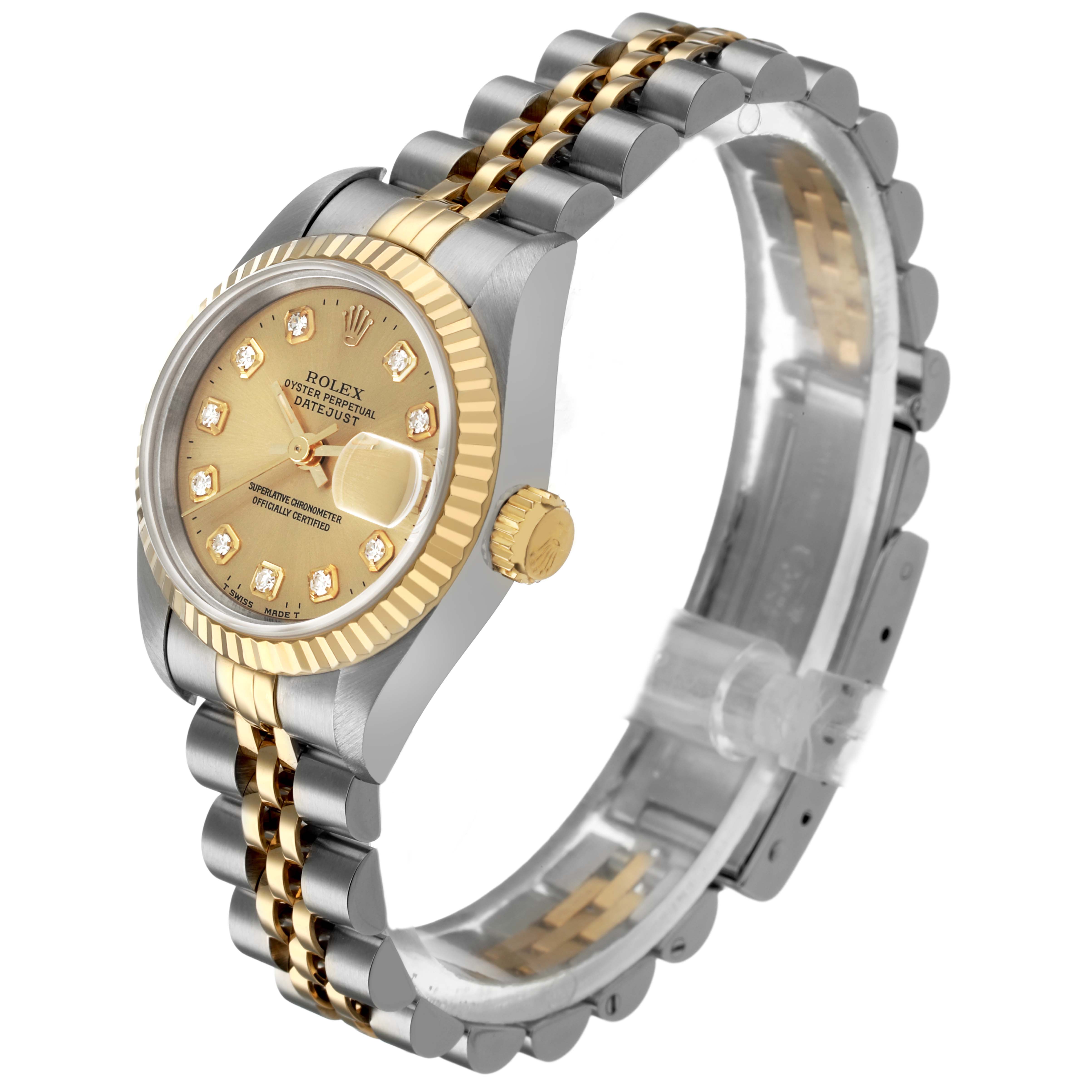 The Rolex Datejust 69173 Men's Steel and Gold (two tone) Champagne Dial watch is shown from a side angle, highlighting the bezel, dial, crown, and bracelet.