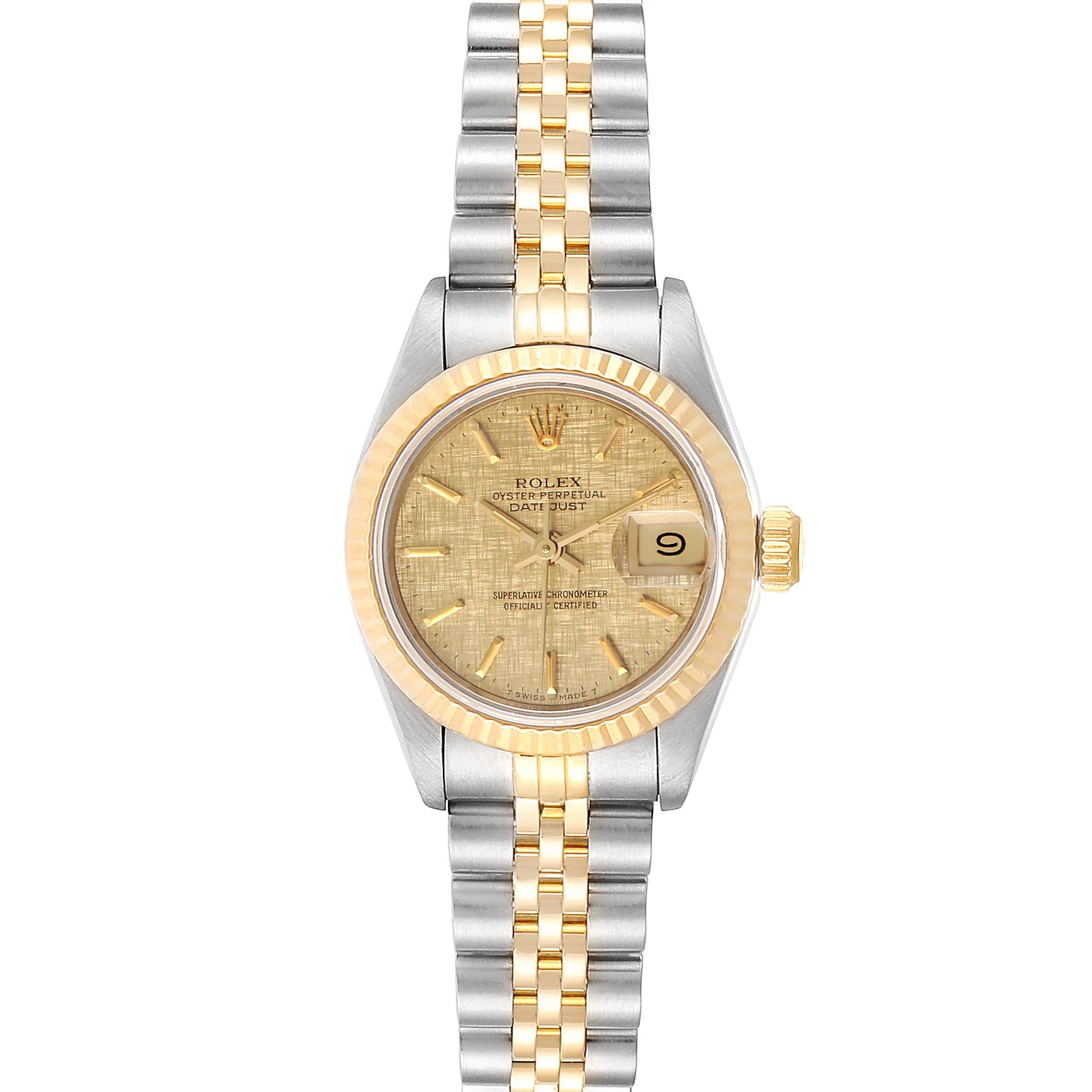 This is a front view of the Rolex Datejust 69173 Women's Steel and Gold (two tone) Champagne Dial 69173 Women's Steel and Gold (two tone) Champagne Dial showing the face, bezel, crown, and complete bracelet.