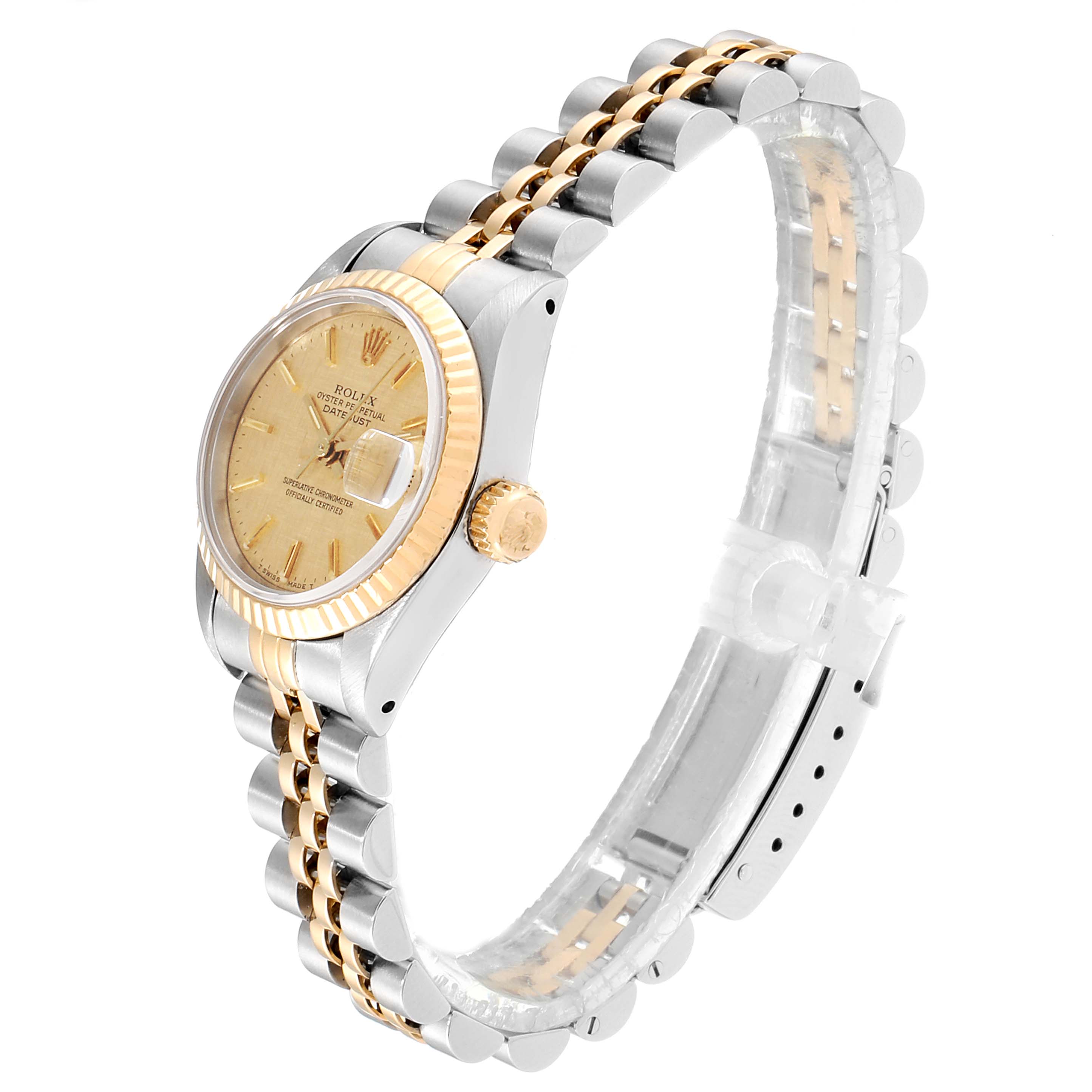 The Rolex Datejust 69173 Women's Steel and Gold (two tone) Champagne Dial 69173 Women's Steel and Gold (two tone) Champagne Dial watch is shown at an angle highlighting the dial, bezel, crown, and two-tone bracelet.