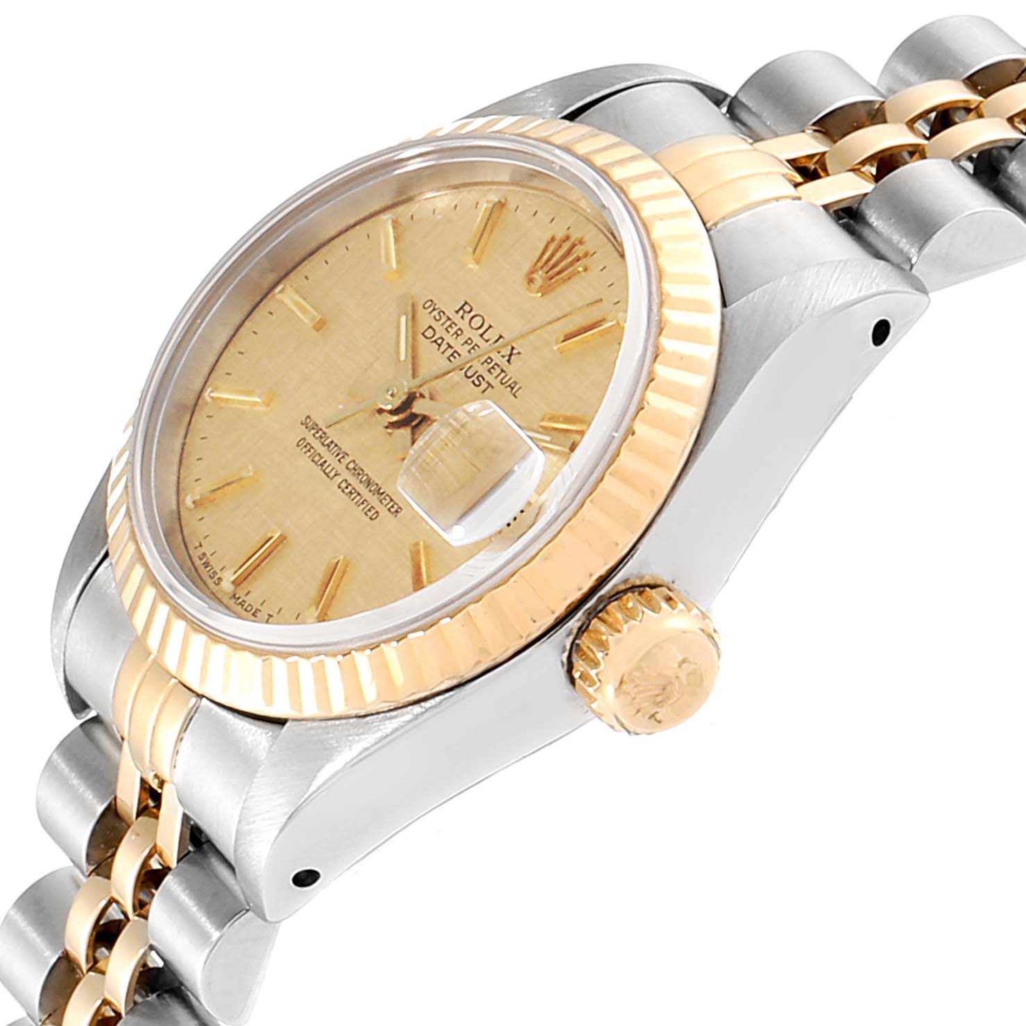 The image shows a side-view angle of the Rolex Datejust 69173 Women's Steel and Gold (two tone) Champagne Dial 69173 Women's Steel and Gold (two tone) Champagne Dial, highlighting its bezel, dial, and crown.