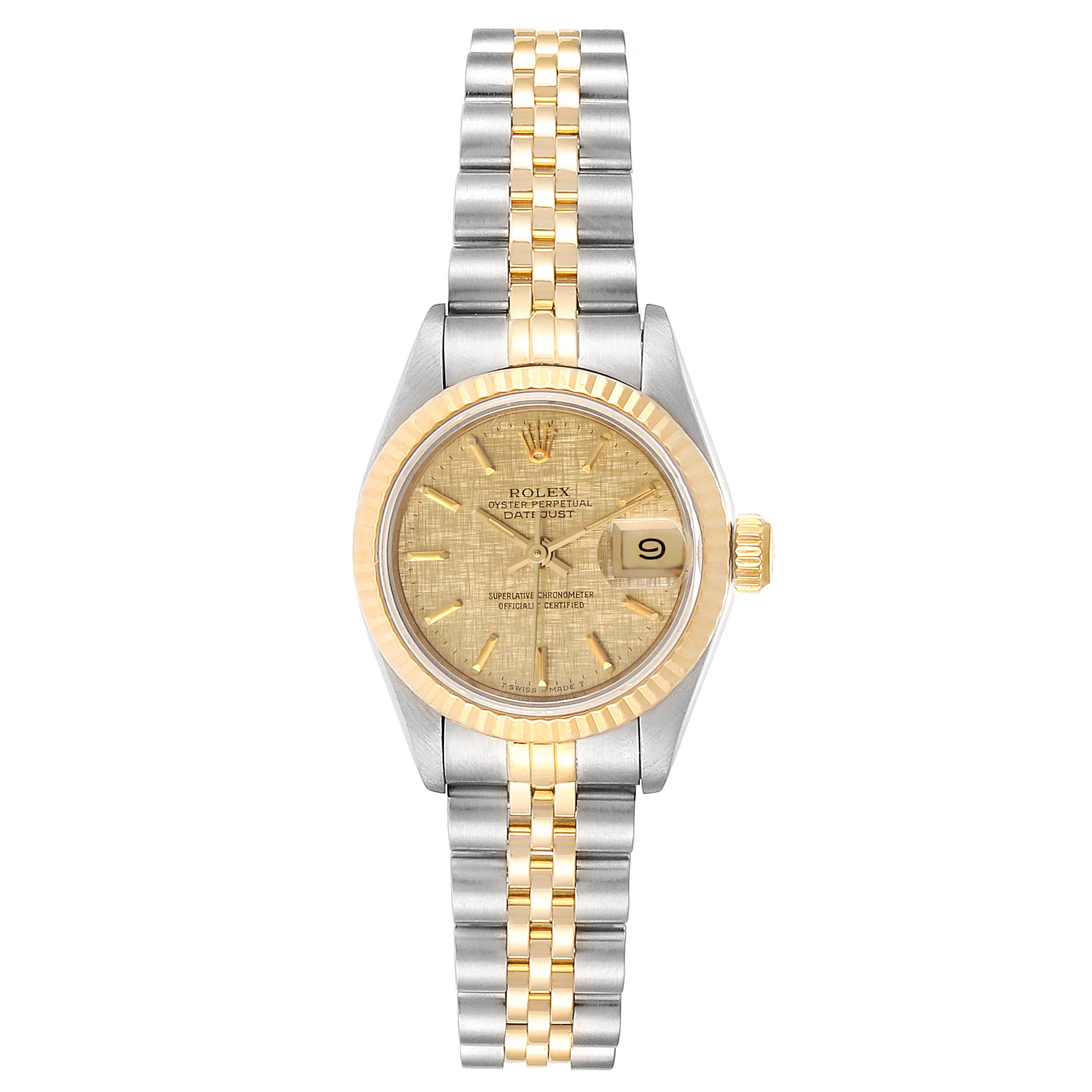 This is a front view of the Rolex Datejust 69173 Women's Steel and Gold (two tone) Champagne Dial 69173 Women's Steel and Gold (two tone) Champagne Dial watch, showcasing its face, bezel, dial, hands, bracelet, and Cyclops lens.