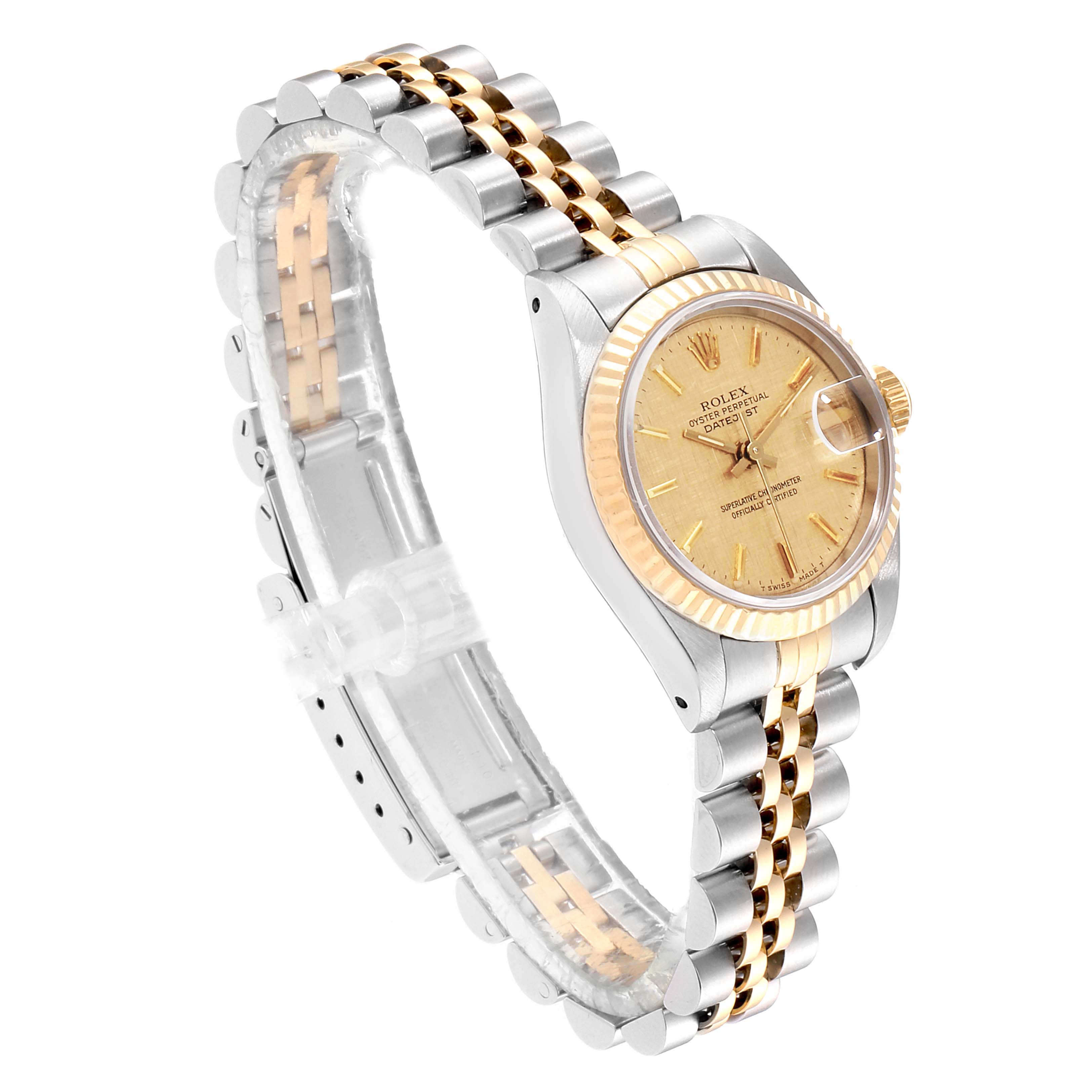 The Rolex Datejust 69173 Women's Steel and Gold (two tone) Champagne Dial 69173 Women's Steel and Gold (two tone) Champagne Dial watch is shown at a three-quarter angle, highlighting its gold and silver bracelet and the face with its signature date display.