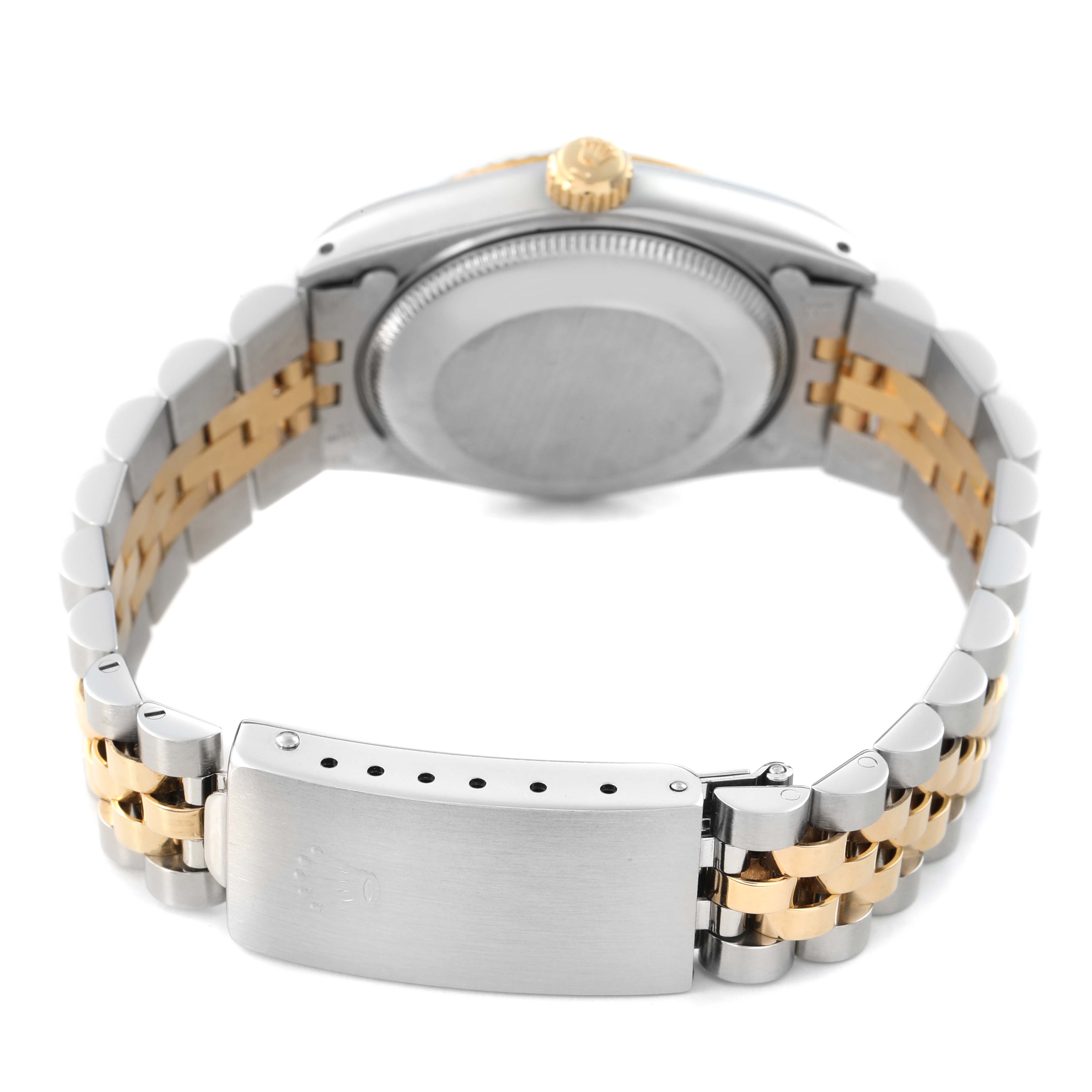 The Rolex Mid-Size 68273 Women's Steel and Gold (two tone) White Dial watch is shown from the back, highlighting the case, crown, and two-tone bracelet with a visible clasp.