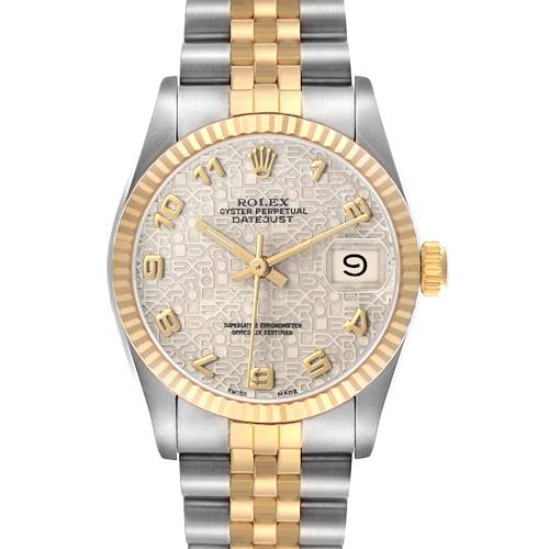 This image shows a Rolex Mid-Size 68273 Women's Steel and Gold (two tone) White Dial Oyster Perpetual Datejust watch from the front, highlighting the face, bezel, bracelet, and crown.