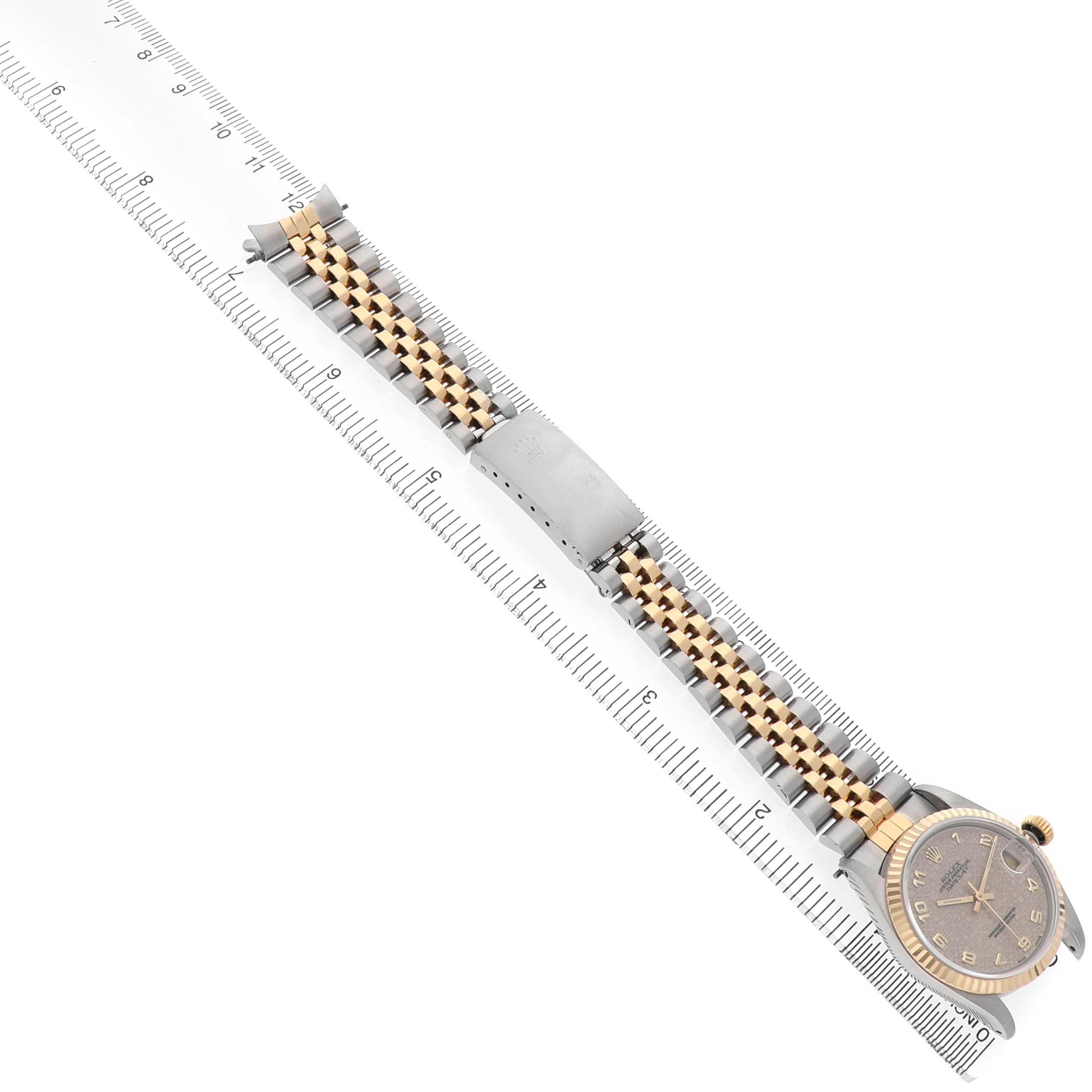 The Rolex Mid-Size 68273 Women's Steel and Gold (two tone) White Dial watch is shown from a top view, displaying the face, bezel, bracelet, and clasp.