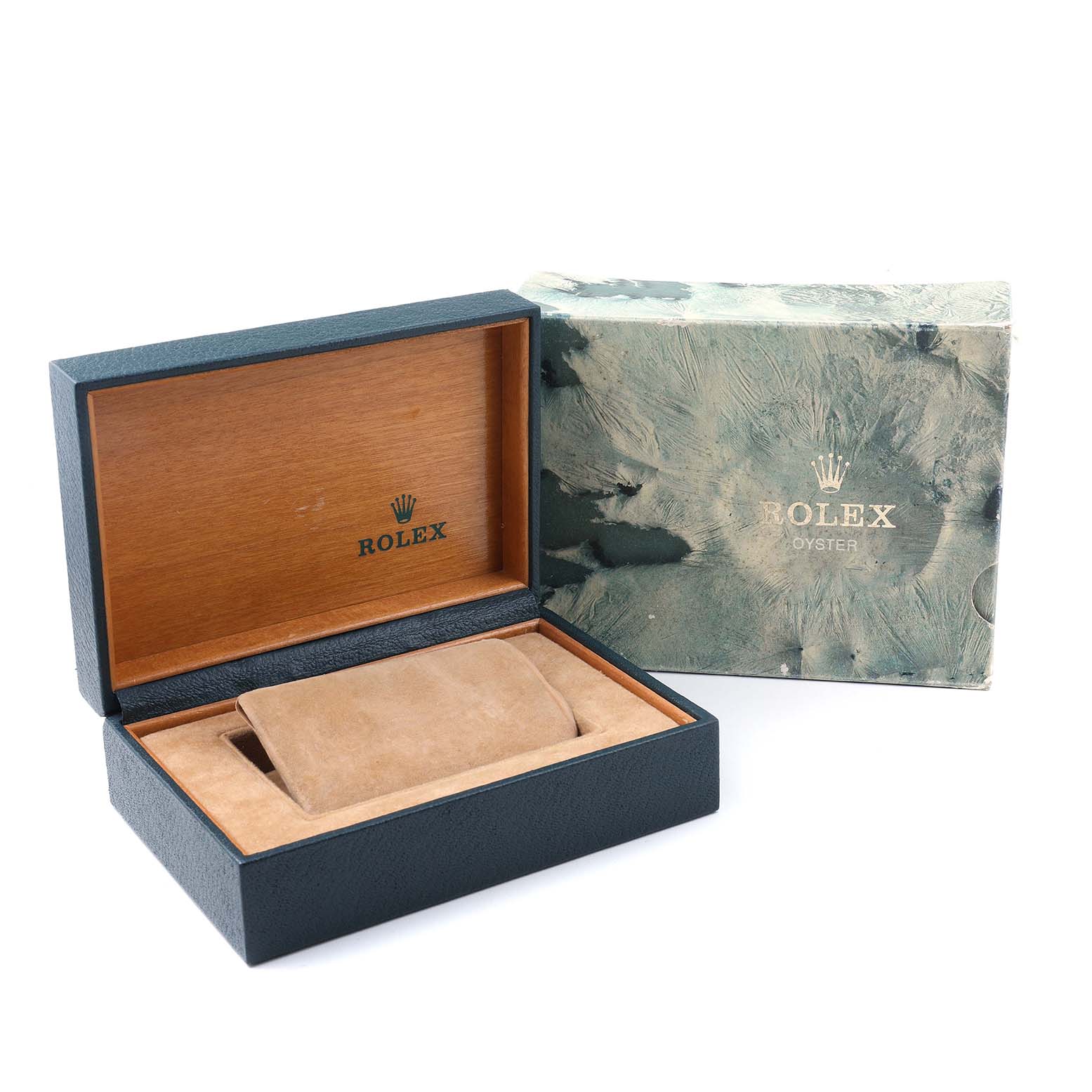 The image shows an open Rolex box for a Mid-Size model and an outer box with Rolex branding.