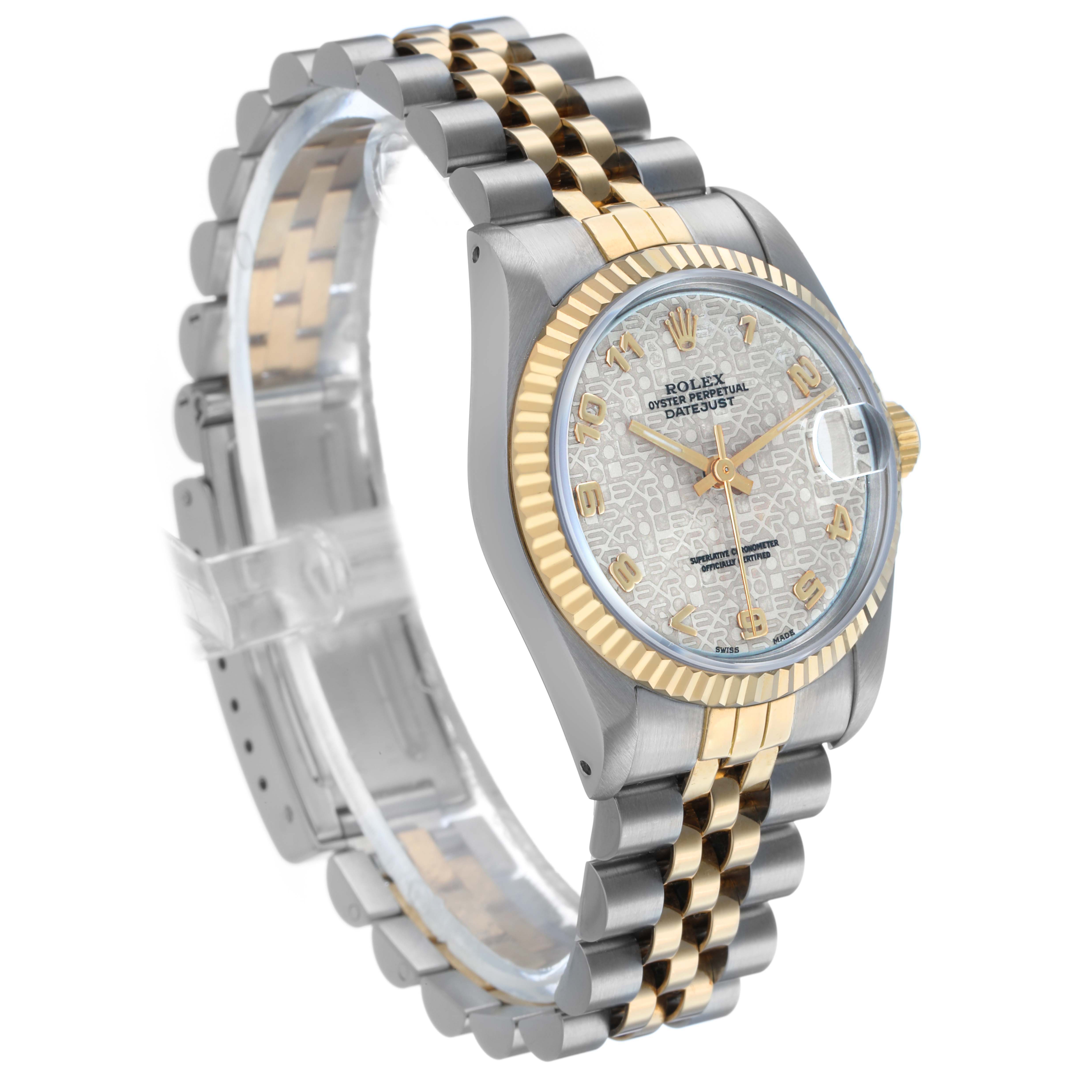 The Rolex Mid-Size 68273 Women's Steel and Gold (two tone) White Dial watch is shown at a three-quarter angle, displaying the face, bezel, and two-tone bracelet.