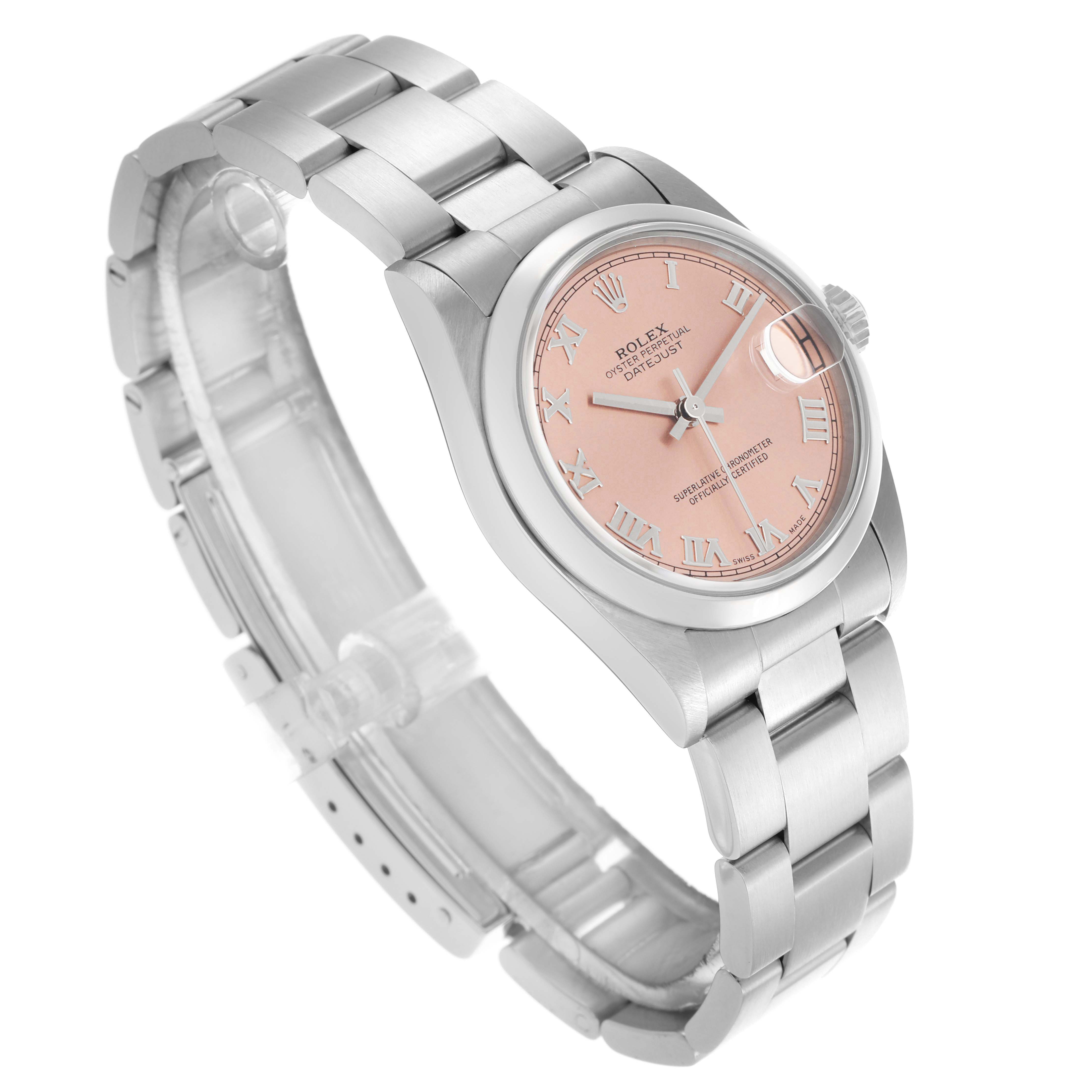 The Rolex Mid-Size 78240 Women's Stainless Steel Pink Dial 78240 Women's Stainless Steel Pink Dial watch is shown at an angled side view, highlighting the pink dial, bracelet, and face details.
