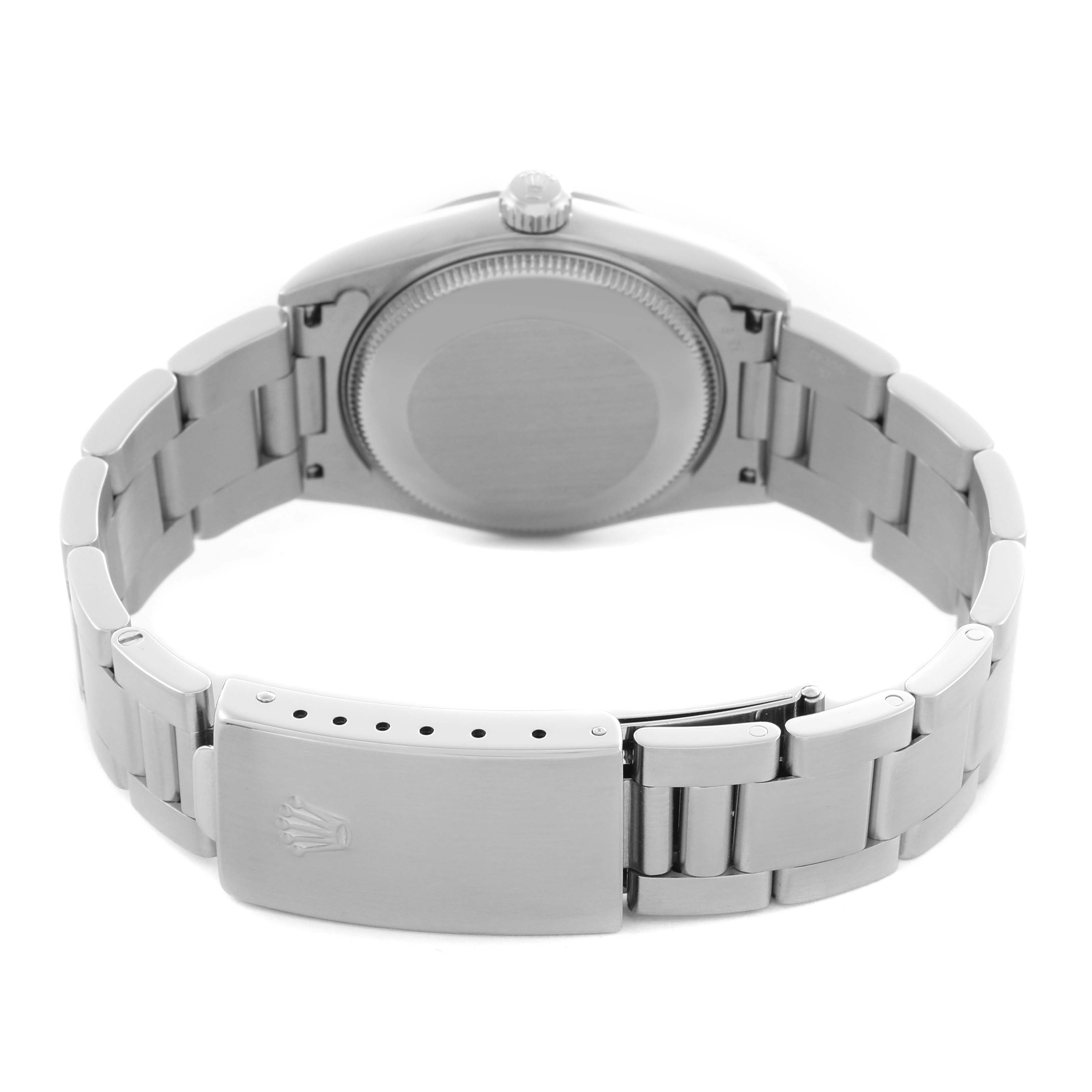 The Rolex Mid-Size 78240 Women's Stainless Steel Pink Dial 78240 Women's Stainless Steel Pink Dial watch is shown from the back, highlighting the closed clasp and metal bracelet.