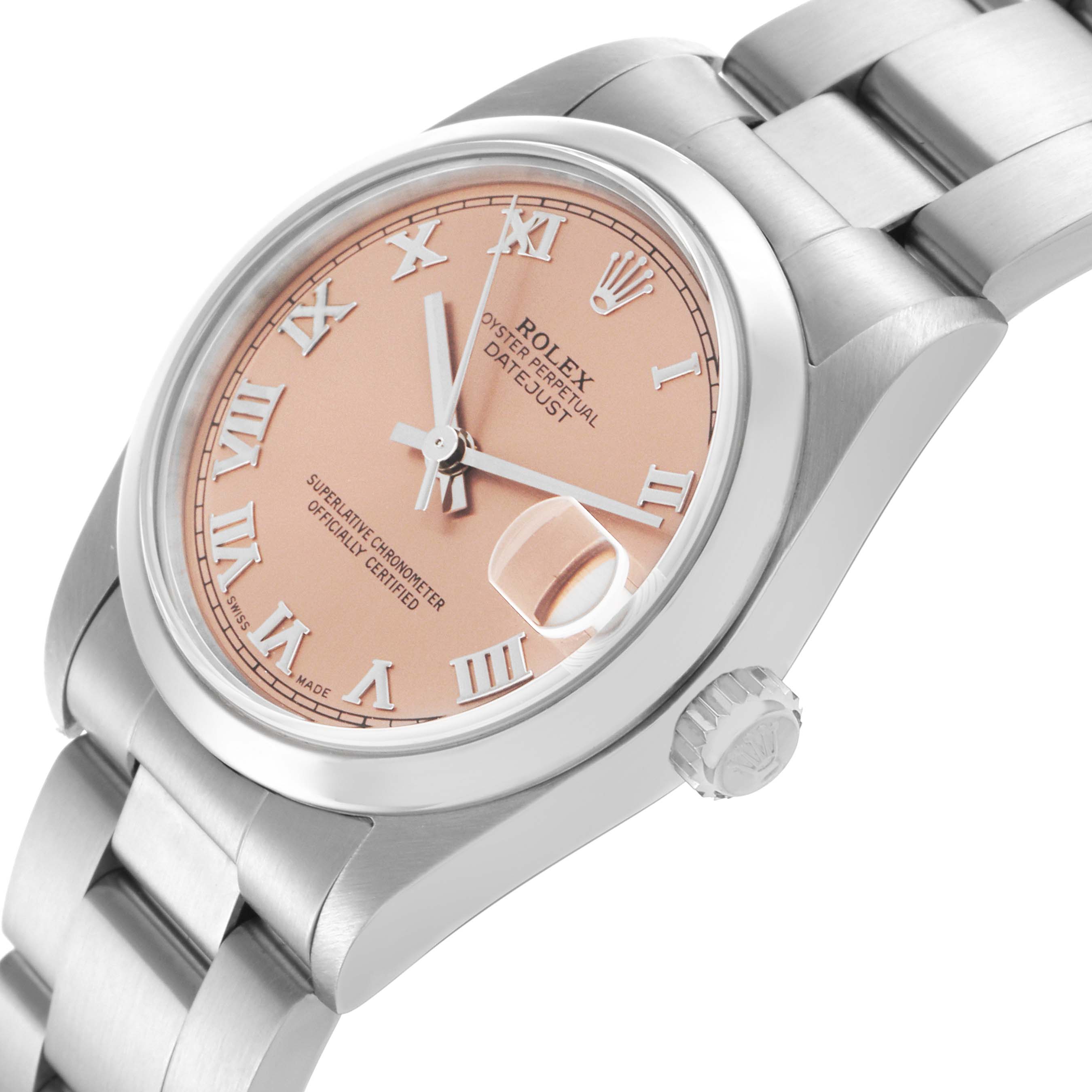 The Rolex Mid-Size 78240 Women's Stainless Steel Pink Dial 78240 Women's Stainless Steel Pink Dial watch is shown at a slight angle, highlighting the dial, bezel, bracelet, and crown.