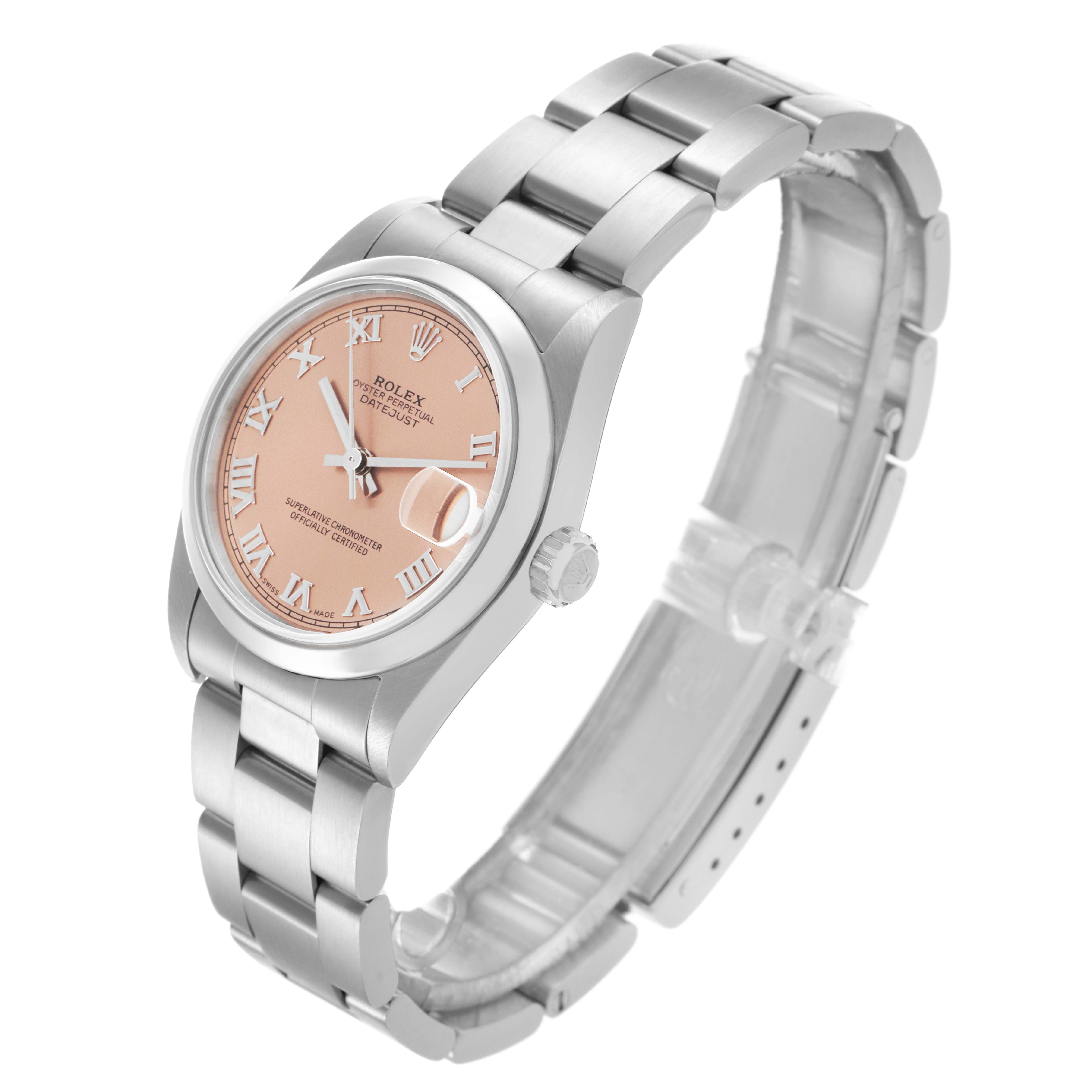 The Rolex Mid-Size 78240 Women's Stainless Steel Pink Dial 78240 Women's Stainless Steel Pink Dial watch is shown at a slight angle highlighting the pink dial, Roman numerals, and stainless steel bracelet.