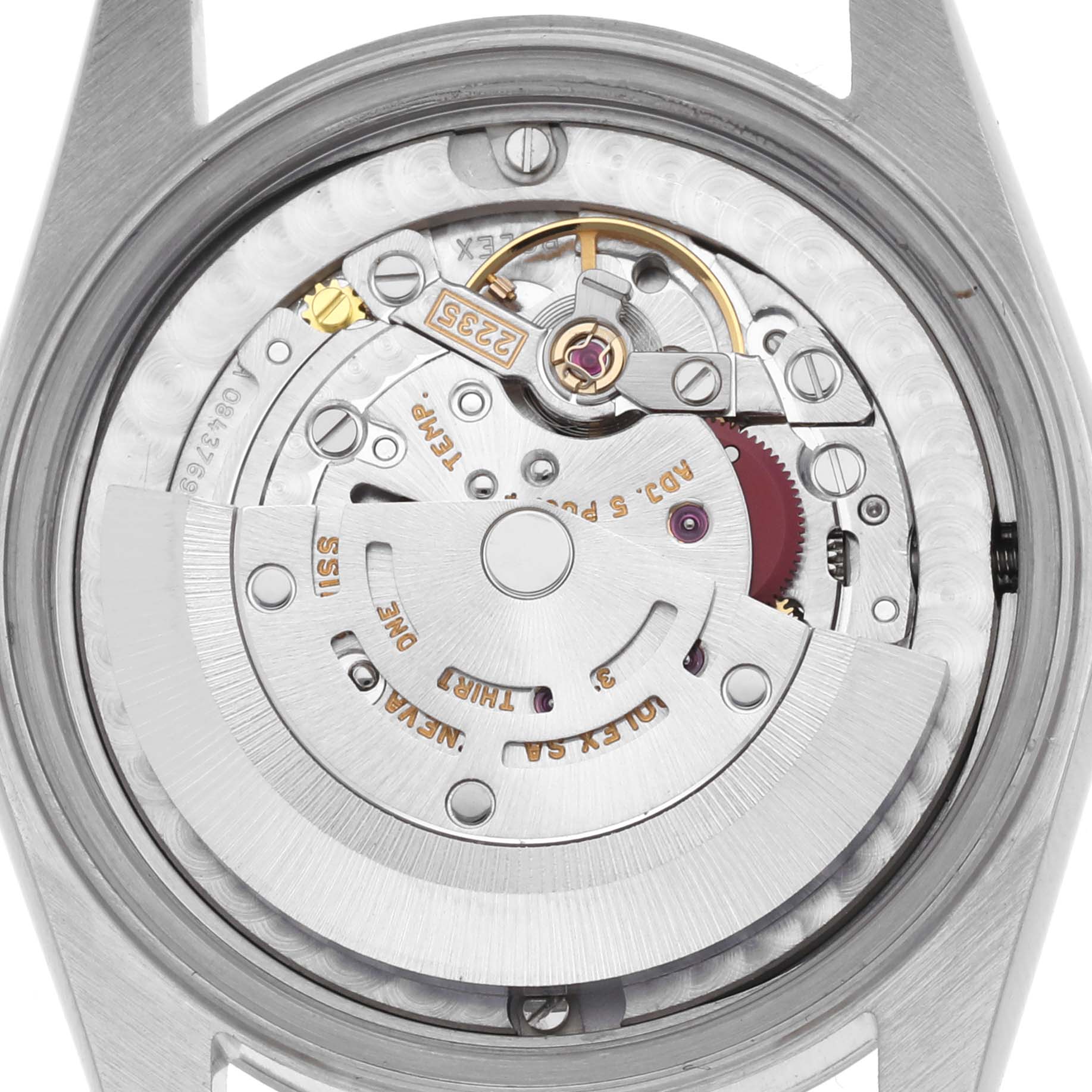 The image shows the movement of a Mid-Size Rolex watch from a rear view, highlighting the rotor and internal components.