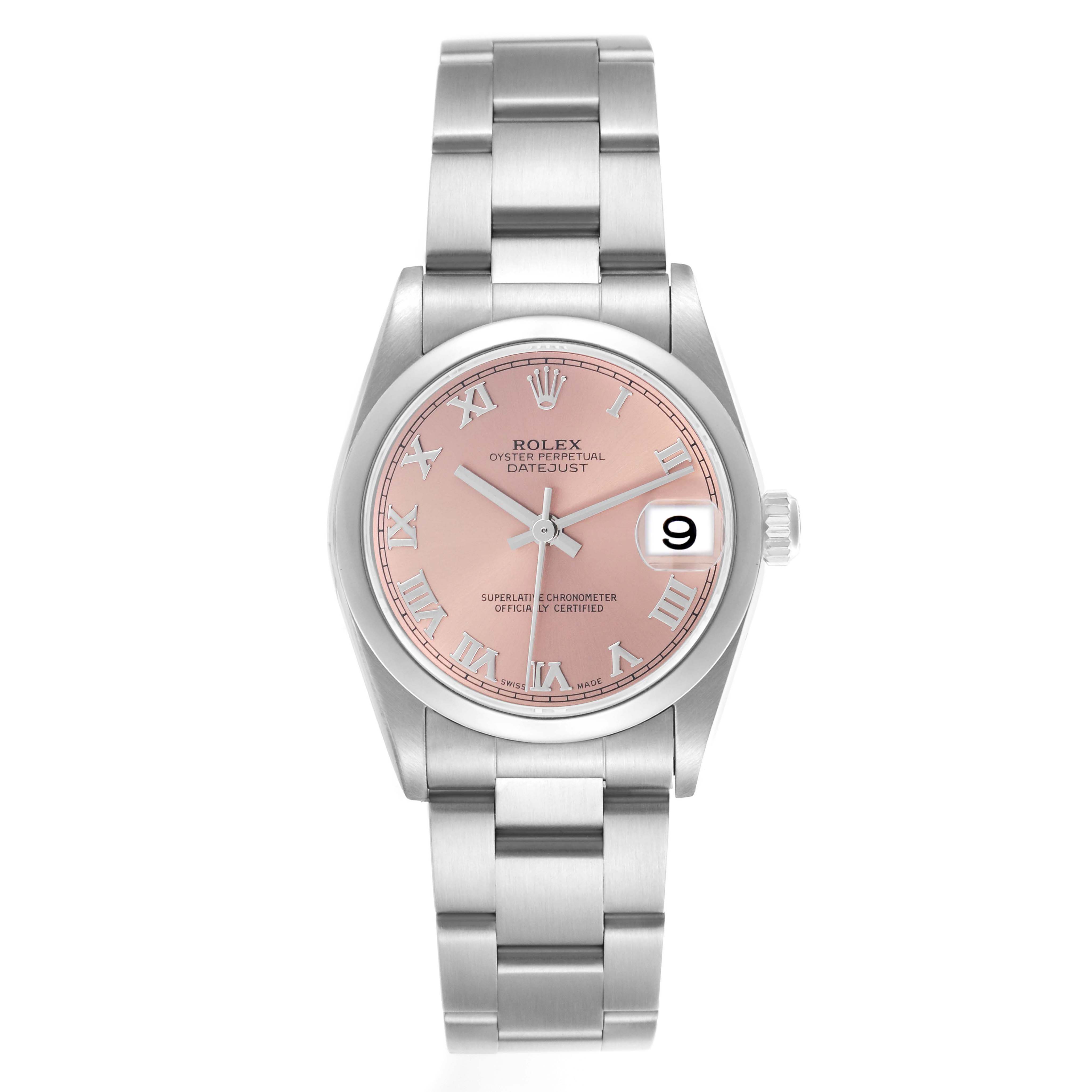 The Rolex Mid-Size 78240 Women's Stainless Steel Pink Dial 78240 Women's Stainless Steel Pink Dial watch is shown from a front angle, displaying the dial, bracelet, and crown.