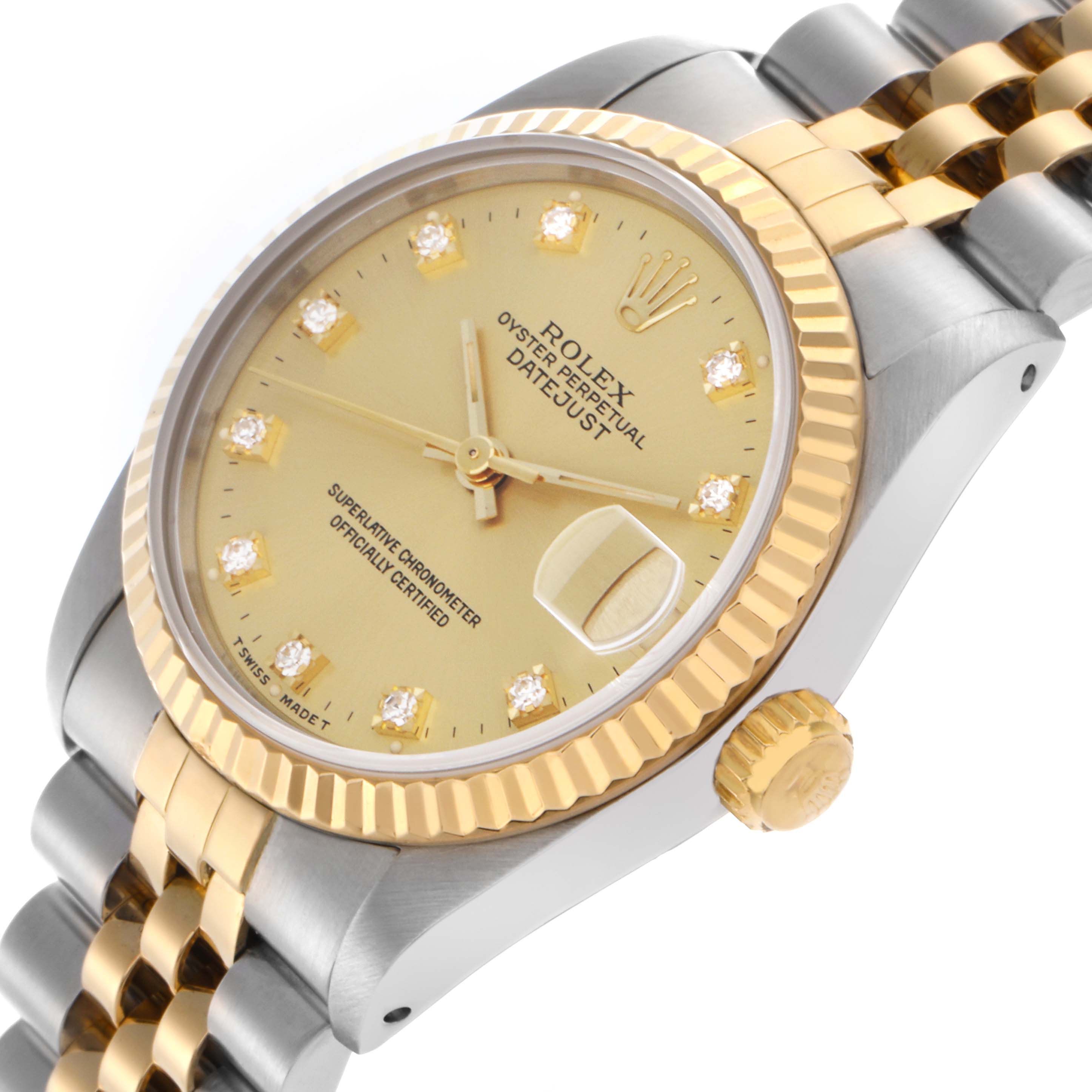 The Rolex Mid-Size 68273 Women's Steel and Gold (two tone) Champagne Dial 68273 Women's Steel and Gold (two tone) Champagne Dial watch is shown at an angle highlighting its gold dial, fluted bezel, crown, and two-tone bracelet.