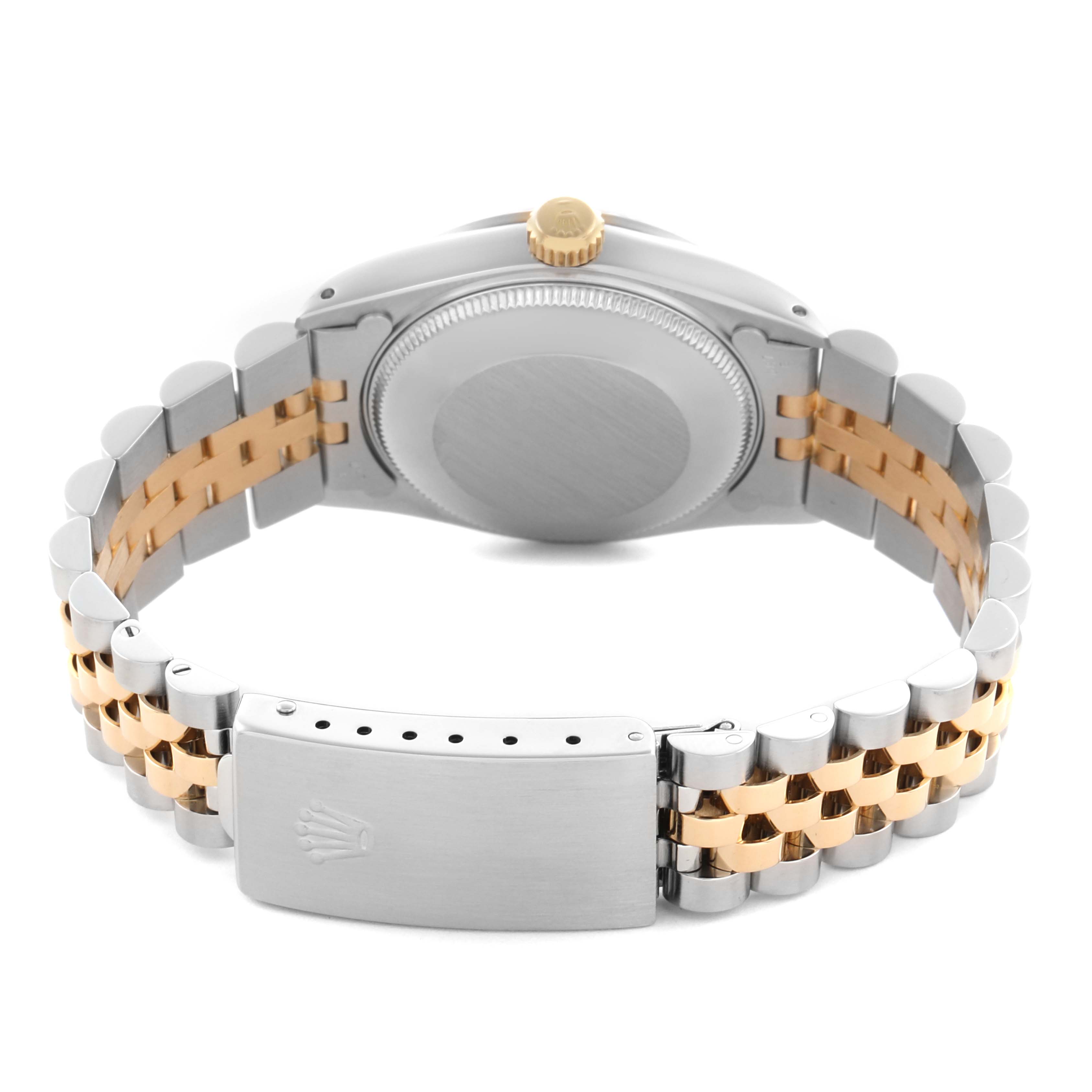 The image shows the back of a Mid-Size Rolex watch with a focus on the case back, crown, and two-tone jubilee bracelet.