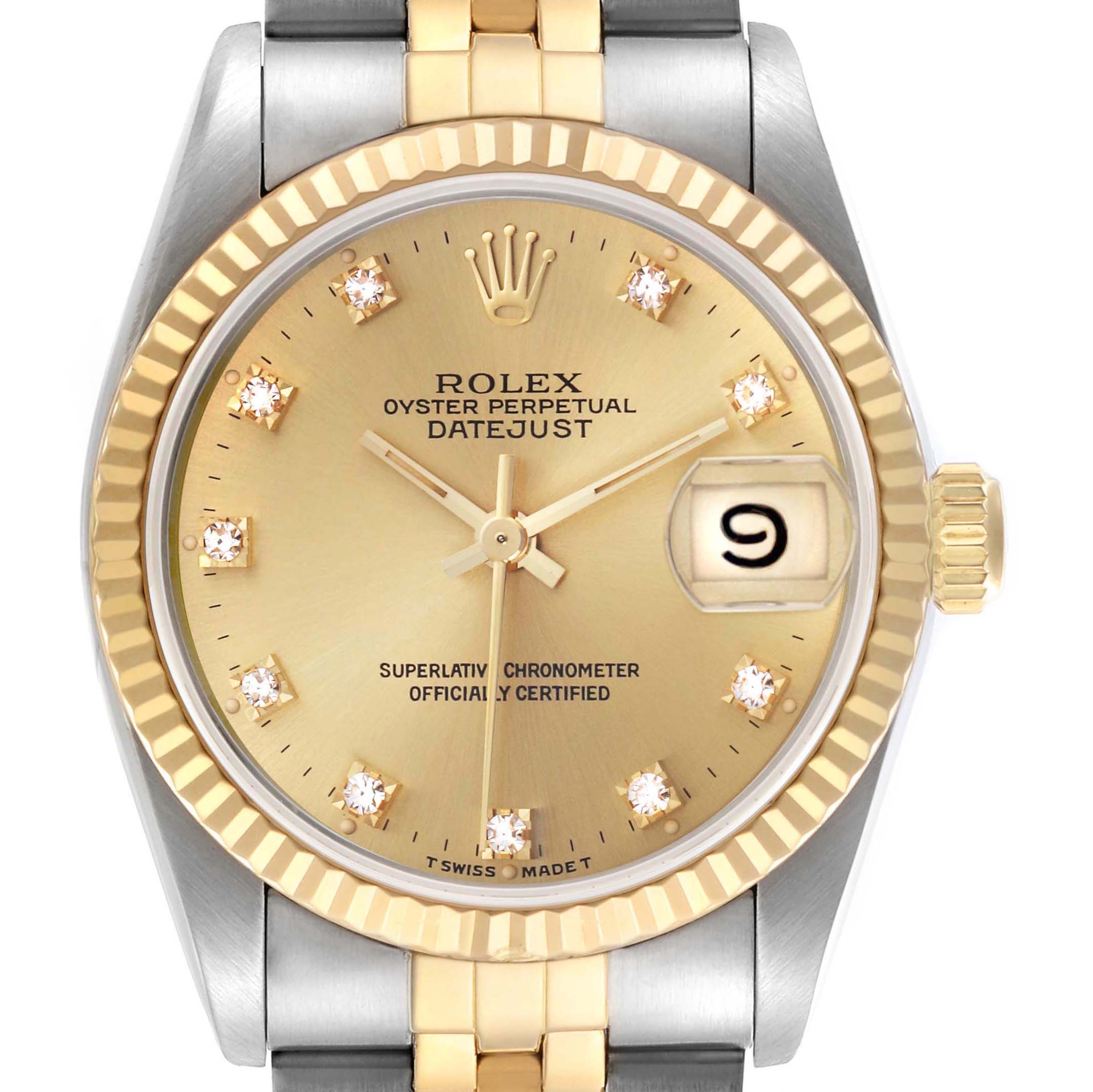The Rolex Mid-Size 68273 Women's Steel and Gold (two tone) Champagne Dial 68273 Women's Steel and Gold (two tone) Champagne Dial Datejust watch is shown from the front, featuring the dial, fluted bezel, and two-tone bracelet.