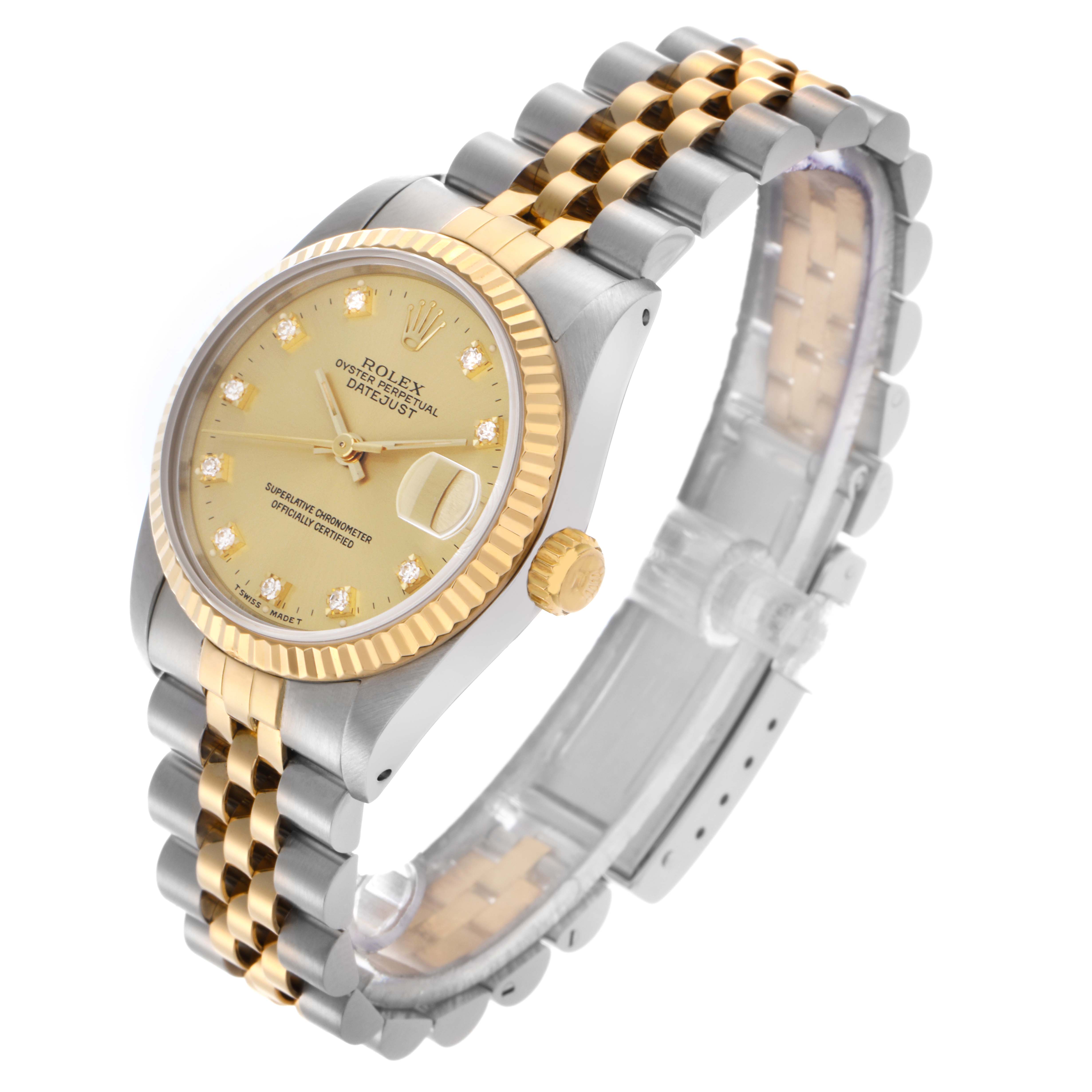 The Rolex Mid-Size 68273 Women's Steel and Gold (two tone) Champagne Dial 68273 Women's Steel and Gold (two tone) Champagne Dial watch is shown at a slight angle, highlighting the dial, bezel, bracelet, and crown.