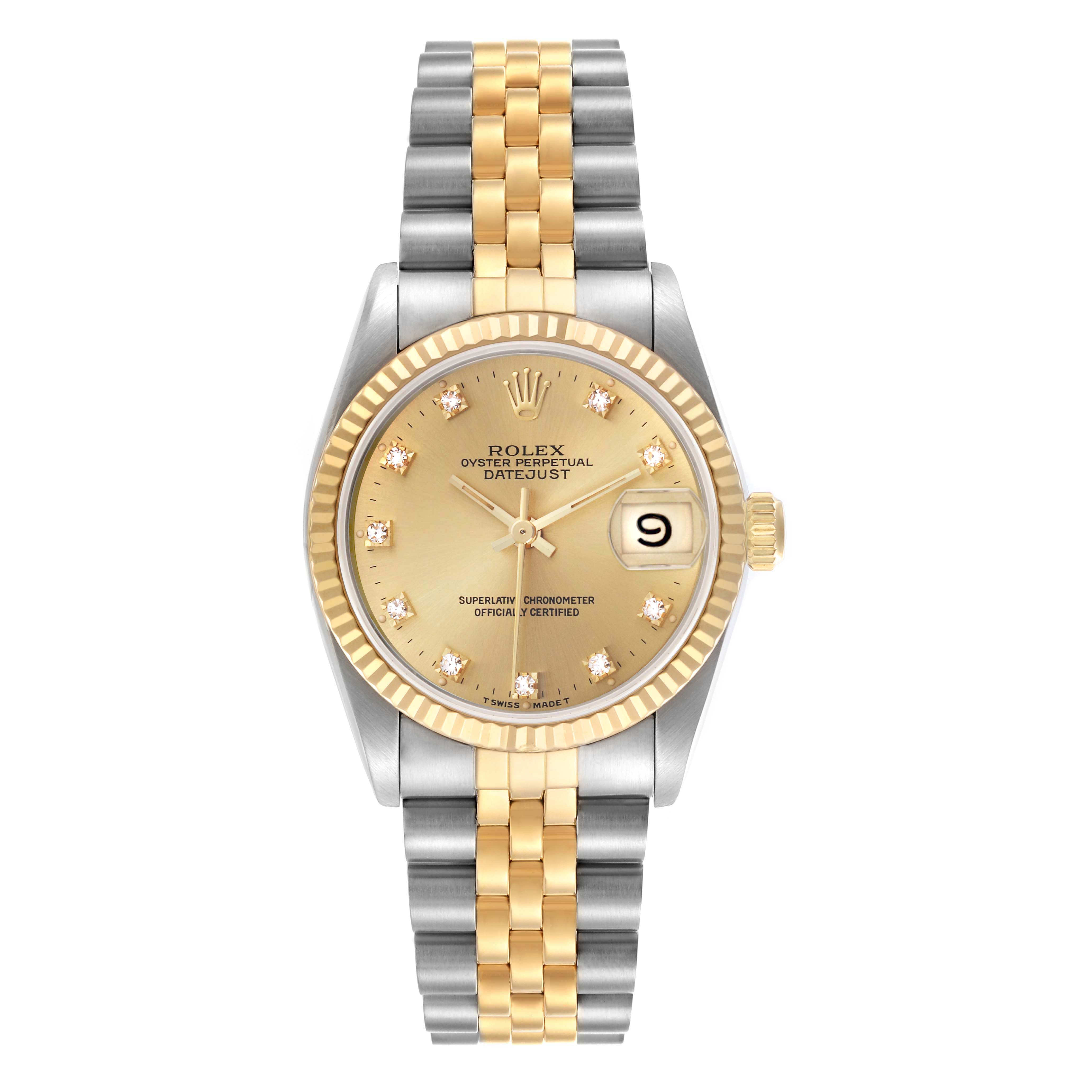 The Rolex Mid-Size 68273 Women's Steel and Gold (two tone) Champagne Dial 68273 Women's Steel and Gold (two tone) Champagne Dial model is shown from a top-down angle, displaying the dial, bezel, crown, and bracelet.
