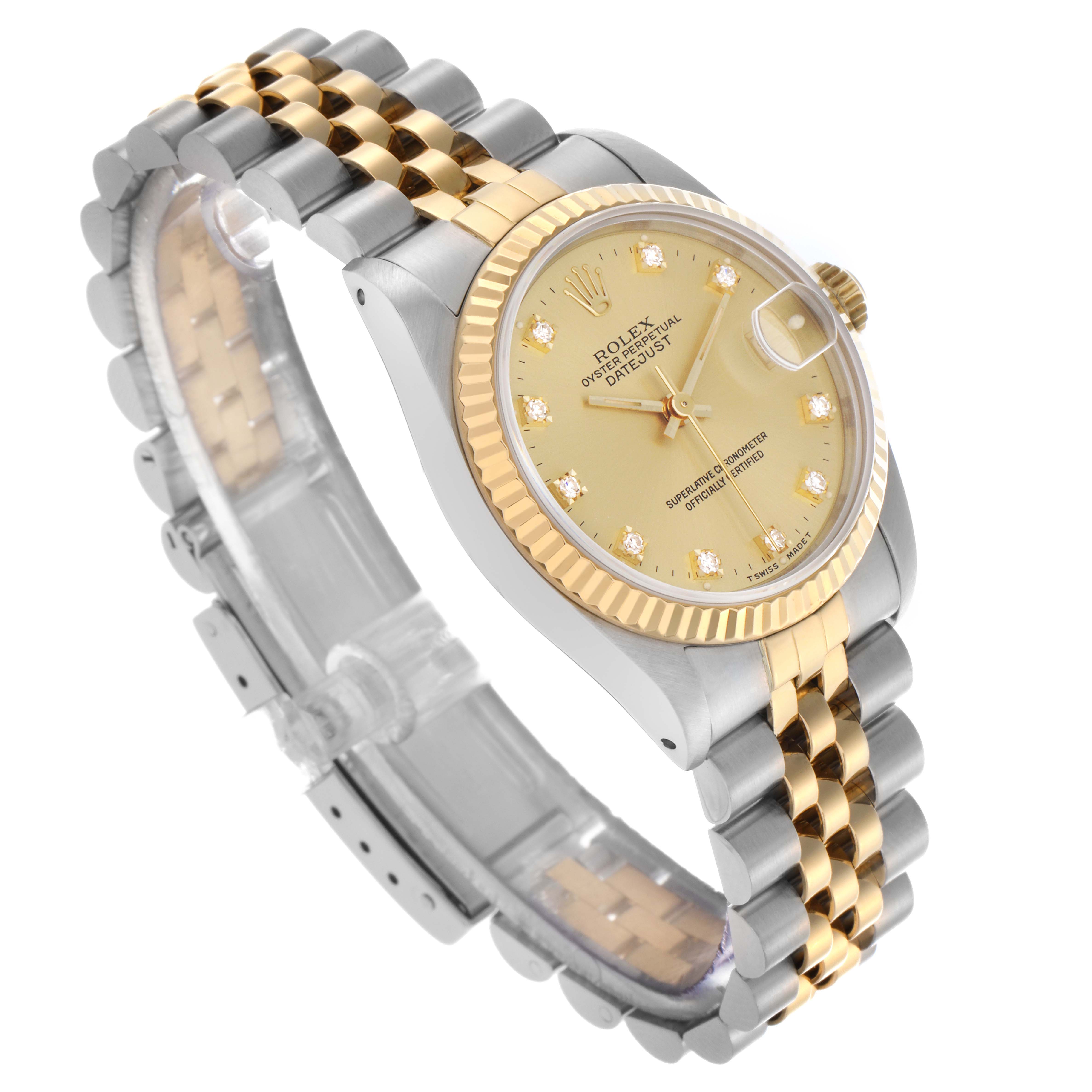 The Rolex Mid-Size 68273 Women's Steel and Gold (two tone) Champagne Dial 68273 Women's Steel and Gold (two tone) Champagne Dial watch is shown at a three-quarter angle, highlighting the jubilee bracelet and gold fluted bezel.