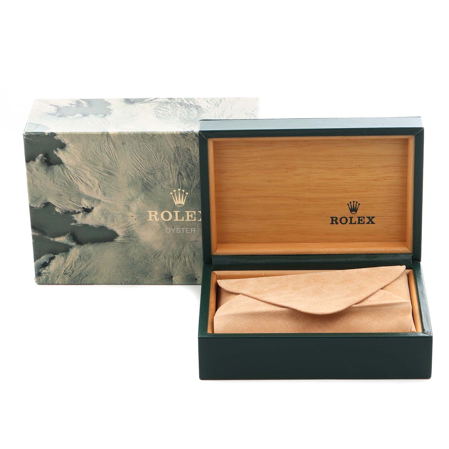 The image shows a Rolex box for a Mid-Size model, with the outer box and an open case with a suede pouch inside.