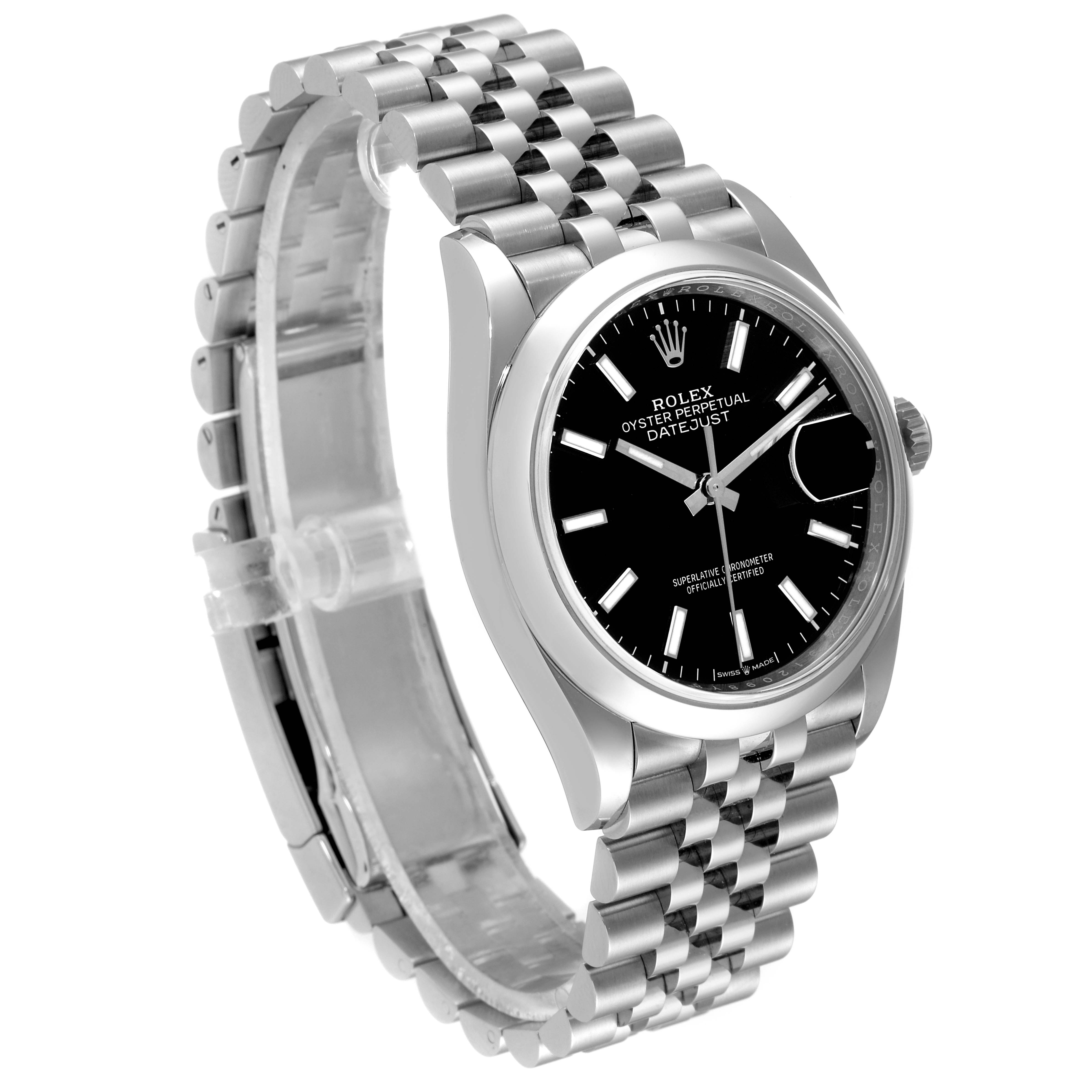 This Rolex Datejust 126200 Men
s Stainless Steel Black Dial 126200 Men
s Stainless Steel Black Dial watch is shown at an oblique angle, highlighting the face, bezel, and band.