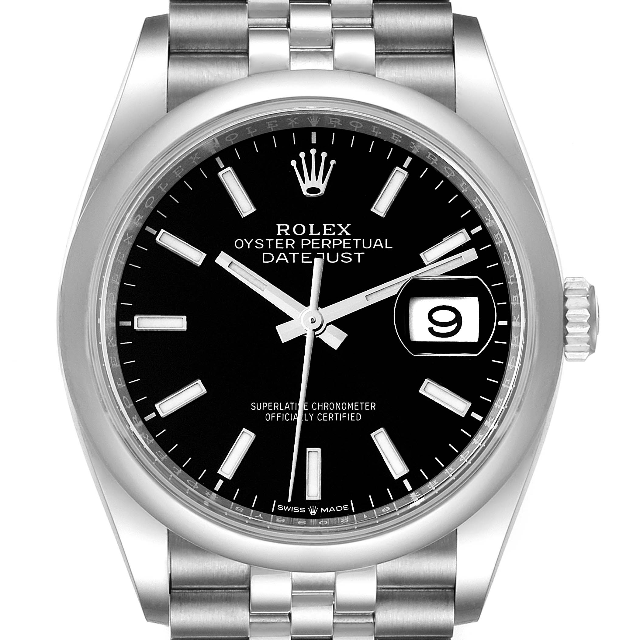The image shows a Rolex Datejust 126200 Men
s Stainless Steel Black Dial 126200 Men
s Stainless Steel Black Dial watch from a front angle, highlighting the dial, bezel, and part of the bracelet.