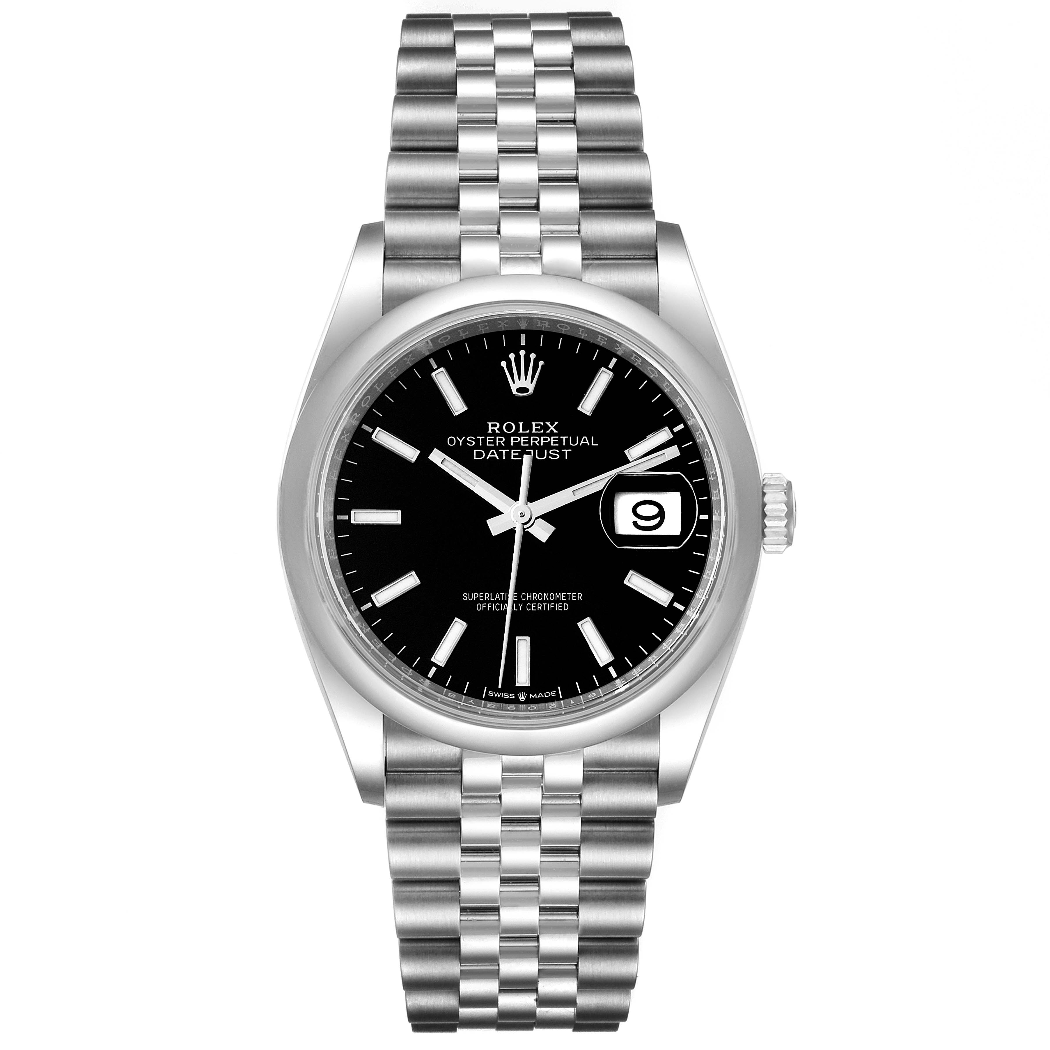 This is a front view of a Rolex Datejust 126200 Men
s Stainless Steel Black Dial 126200 Men
s Stainless Steel Black Dial watch showing the face, bezel, crown, and bracelet.