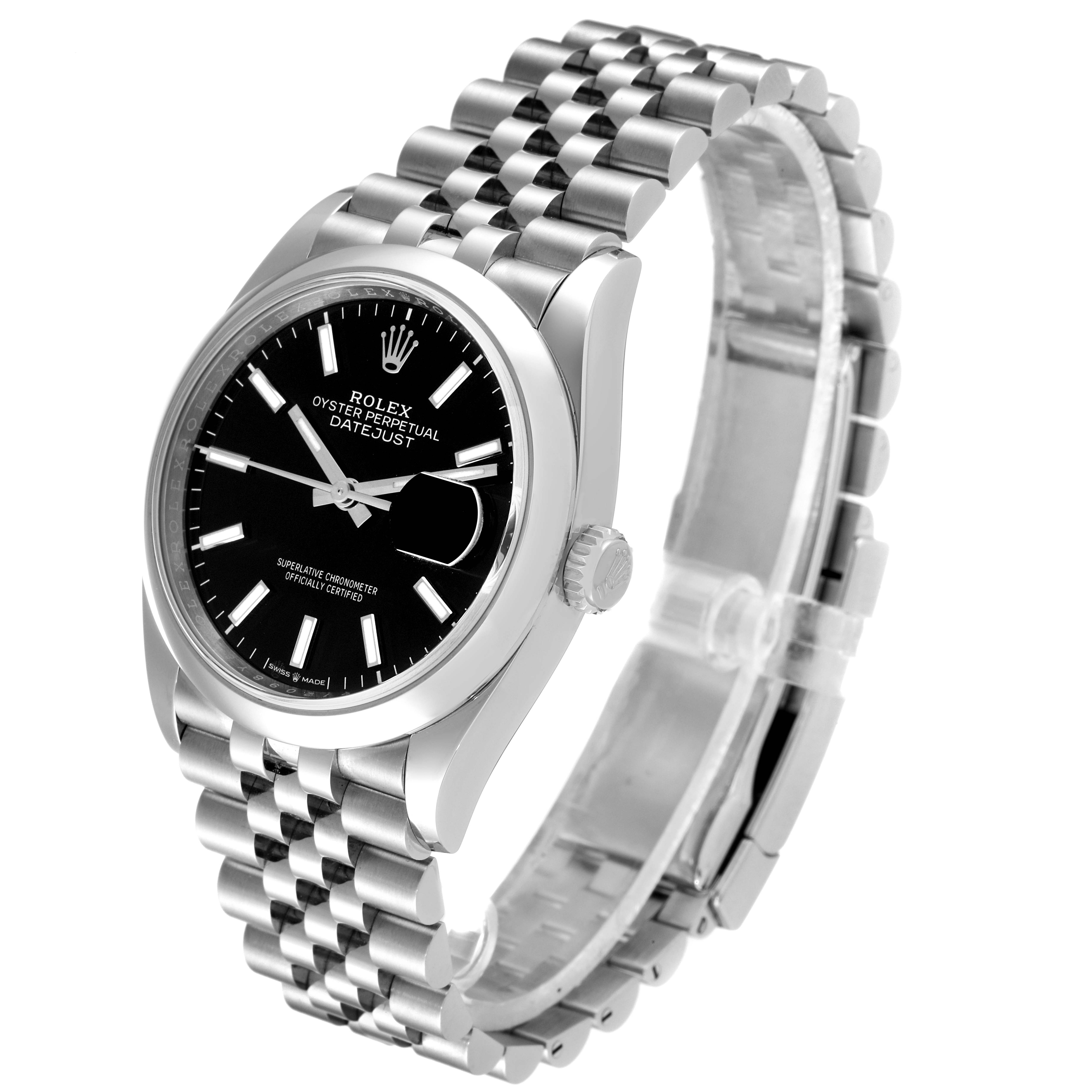 The image shows a Rolex Datejust 126200 Men
s Stainless Steel Black Dial 126200 Men
s Stainless Steel Black Dial watch at a slight angle, highlighting its black dial, case, bracelet, and crown.