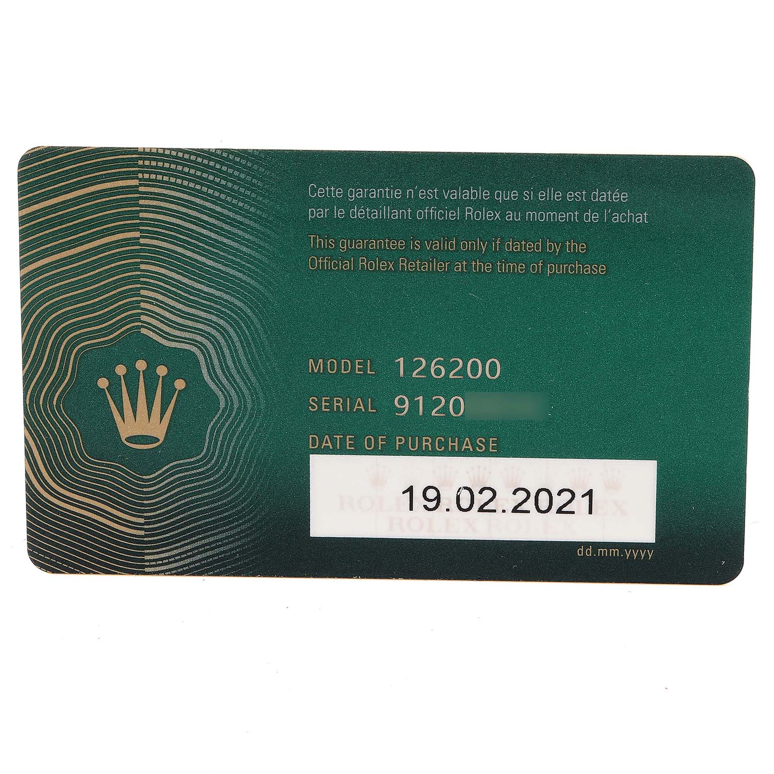 This image shows a Rolex warranty card for a Datejust model 126200, including the serial number and purchase date.