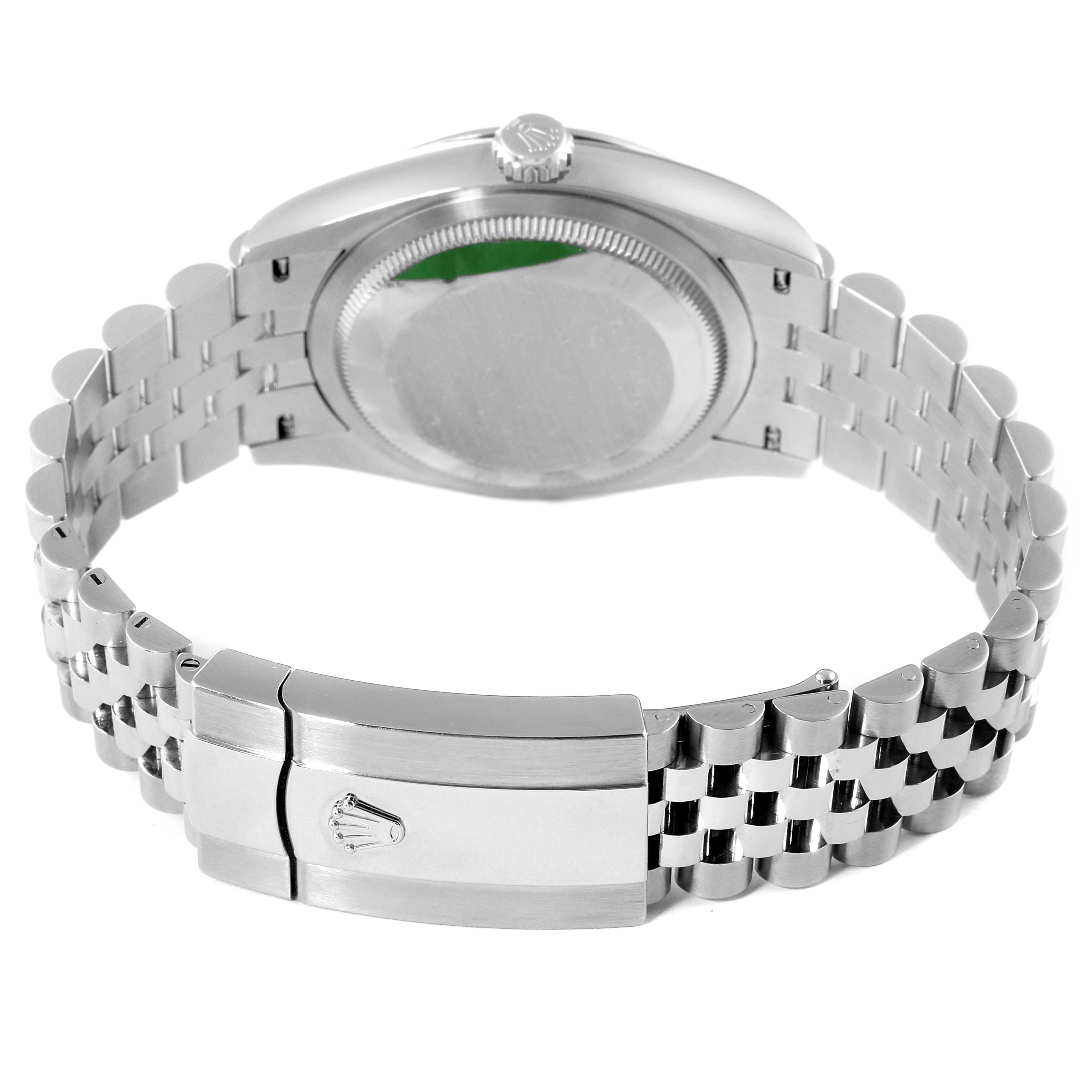 This image shows the back view of a Rolex Datejust 126200 Men
s Stainless Steel Black Dial 126200 Men
s Stainless Steel Black Dial watch, highlighting the case back, bracelet, and clasp.