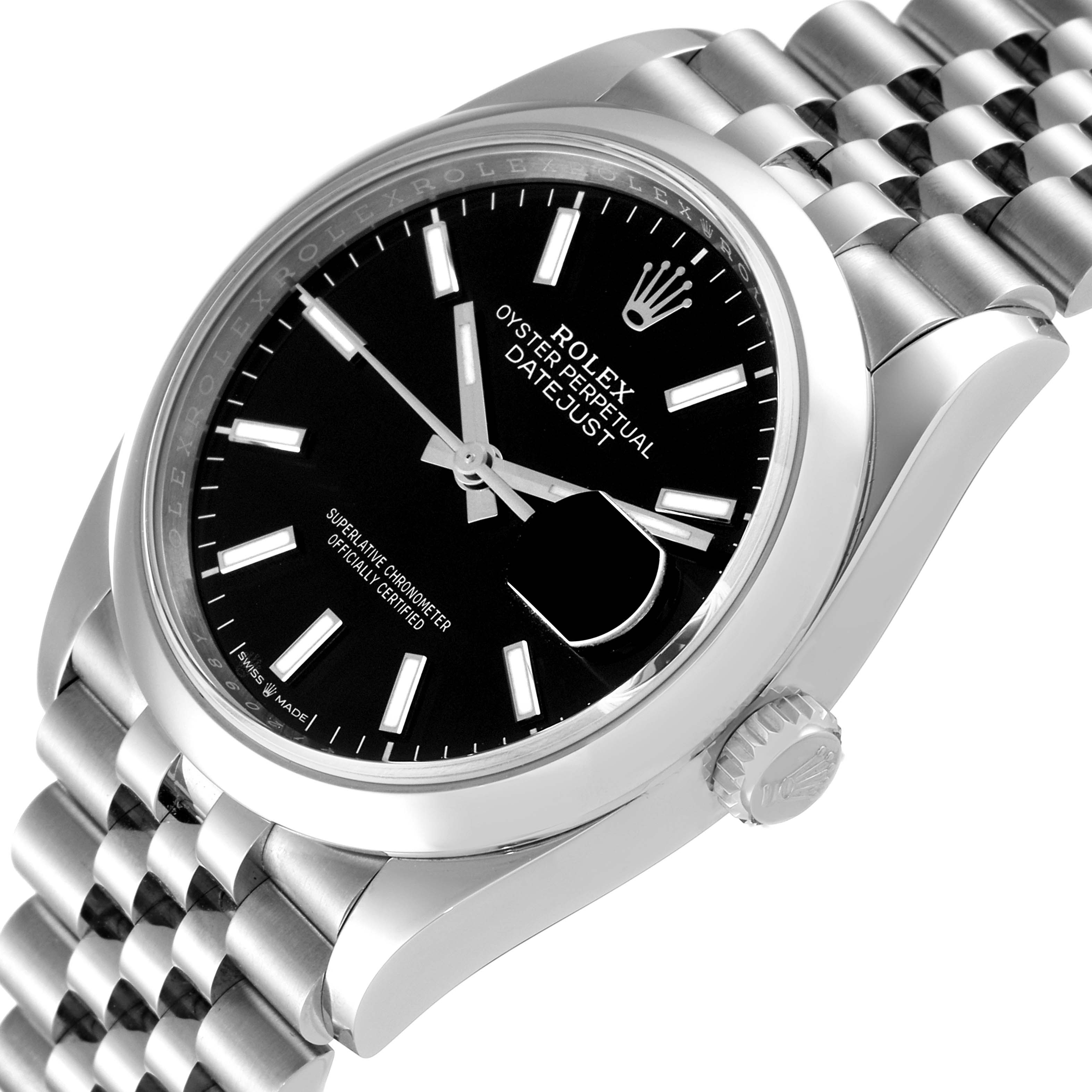 The image shows a close-up, angled view of the Rolex Datejust 126200 Men
s Stainless Steel Black Dial 126200 Men
s Stainless Steel Black Dial watch, featuring its black dial, silver hands, crown, and Jubilee bracelet.