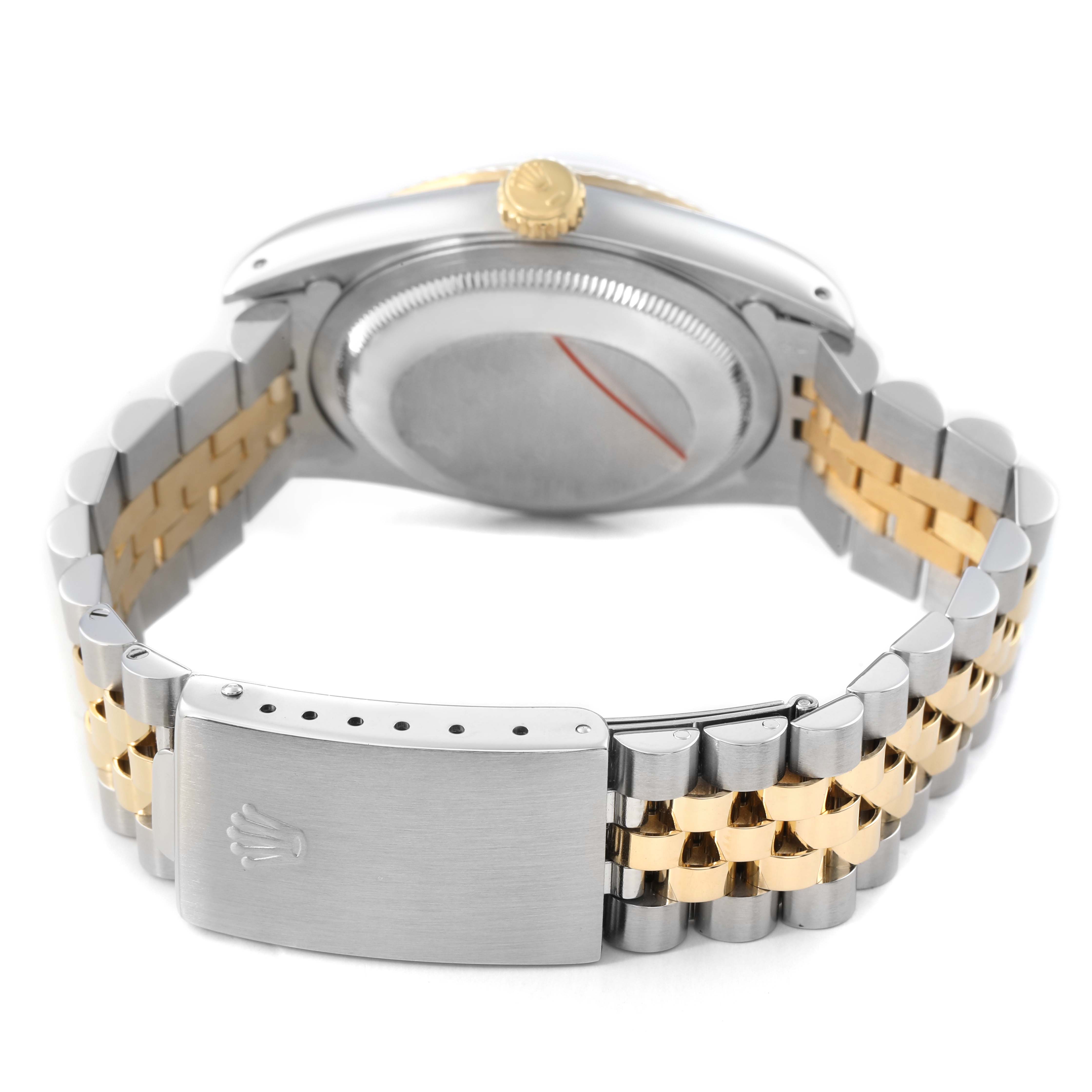 The image shows the back and side view of a Rolex Datejust 16233 Men's Steel and Gold (two tone) Champagne Dial, highlighting the case back, crown, and Jubilee bracelet.