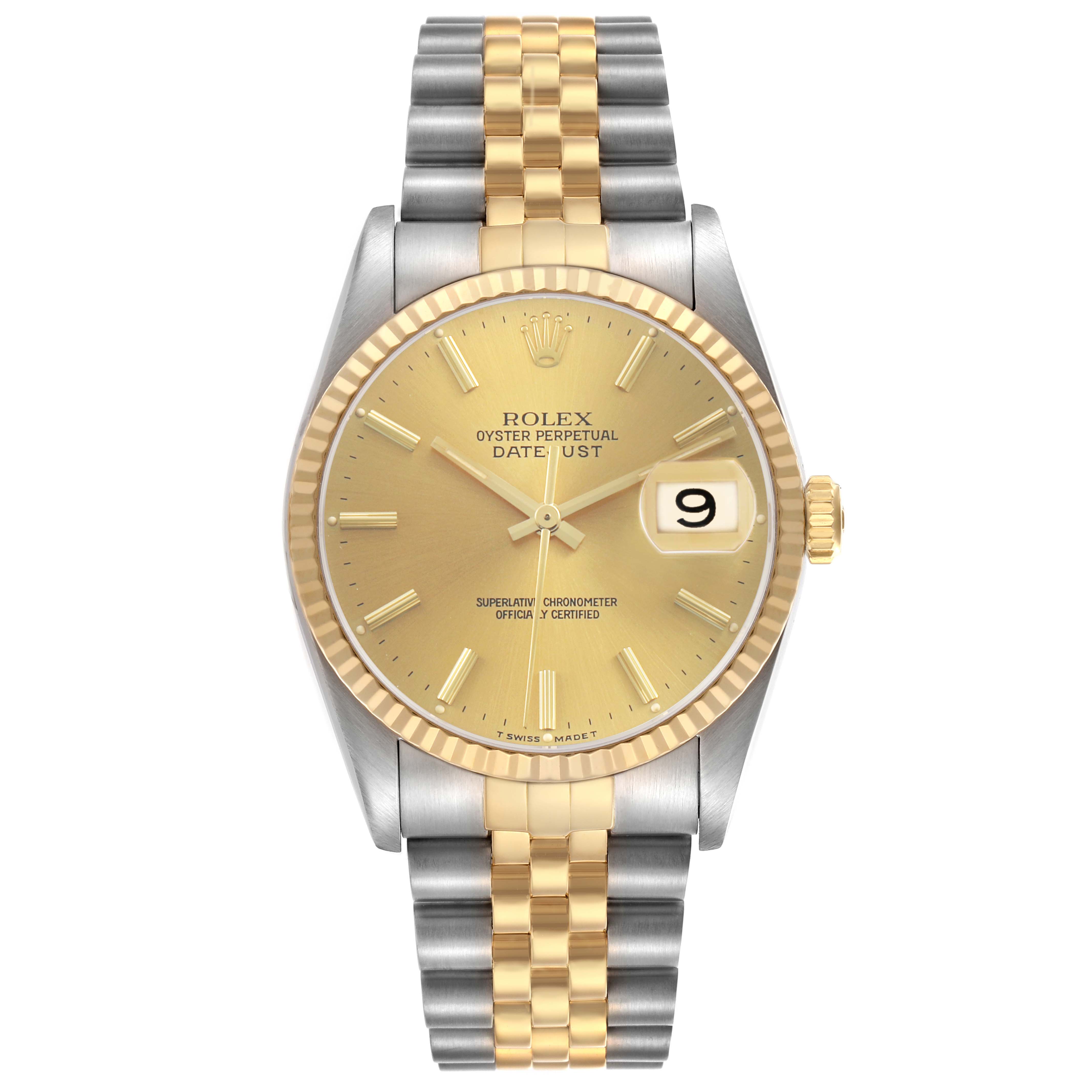 The Rolex Datejust 16233 Men's Steel and Gold (two tone) Champagne Dial watch is shown from a front angle, highlighting its face, bezel, date function, and two-tone bracelet.