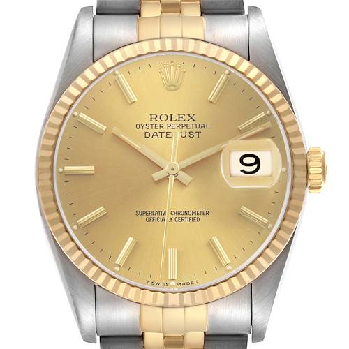 The Rolex Datejust 16233 Men's Steel and Gold (two tone) Champagne Dial is shown from the front, highlighting the dial, bezel, bracelet, and date magnifier.