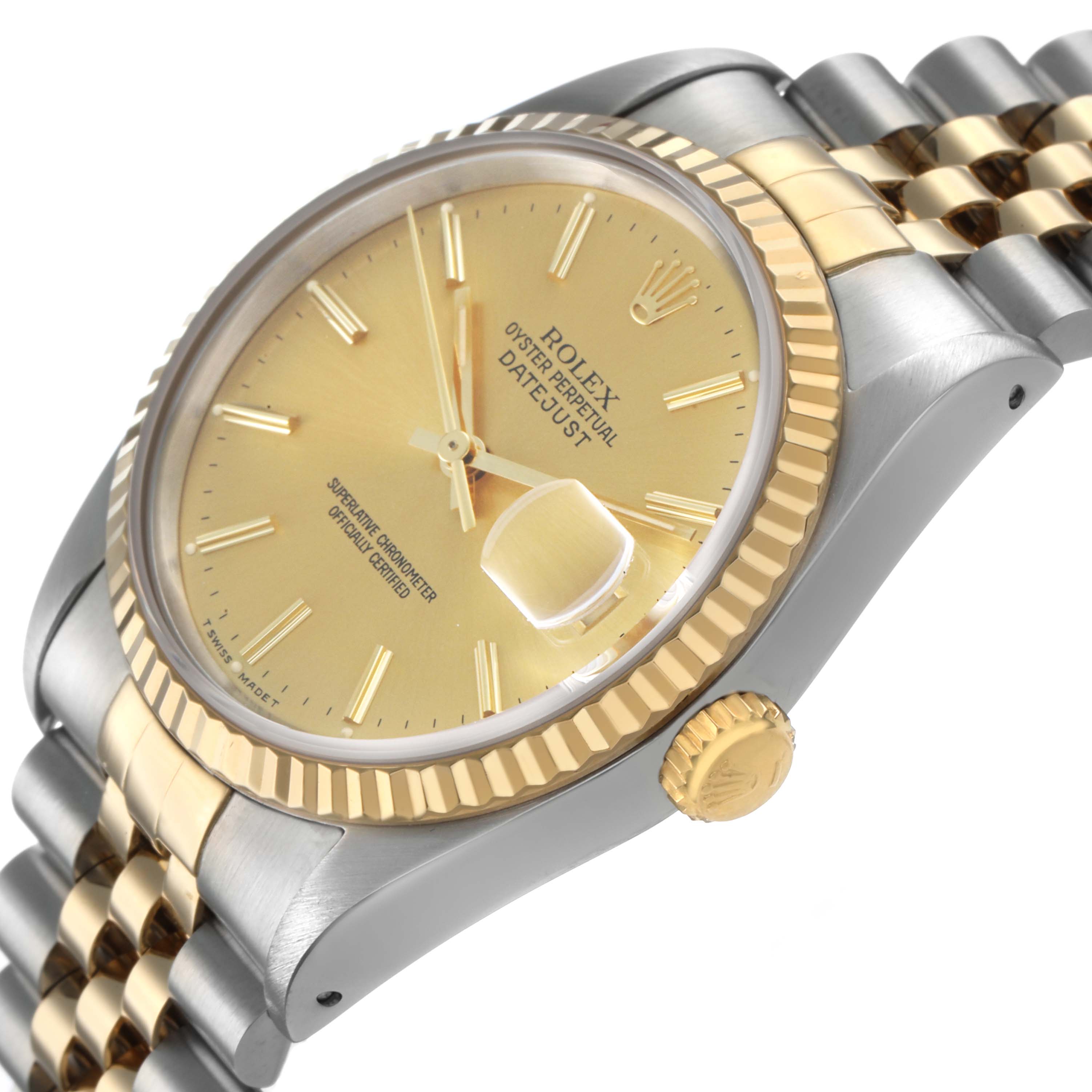 The Rolex Datejust 16233 Men's Steel and Gold (two tone) Champagne Dial is shown from a side angle, highlighting its gold dial, bezel, and two-tone bracelet.